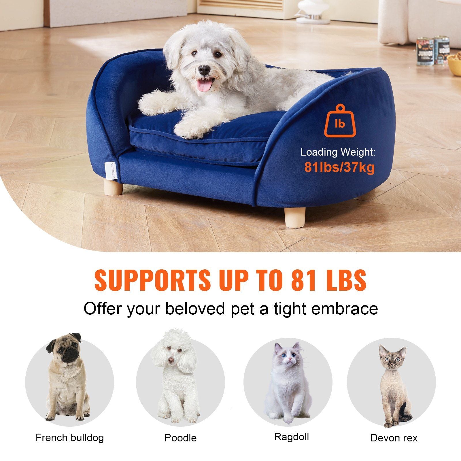 Vevor Pet Sofa, Dog Couch For Small Dogs And Cats, Soft Velvety Dog Sofa Bed, 35 Lbs Loading Cat Sofa, Dark Blue