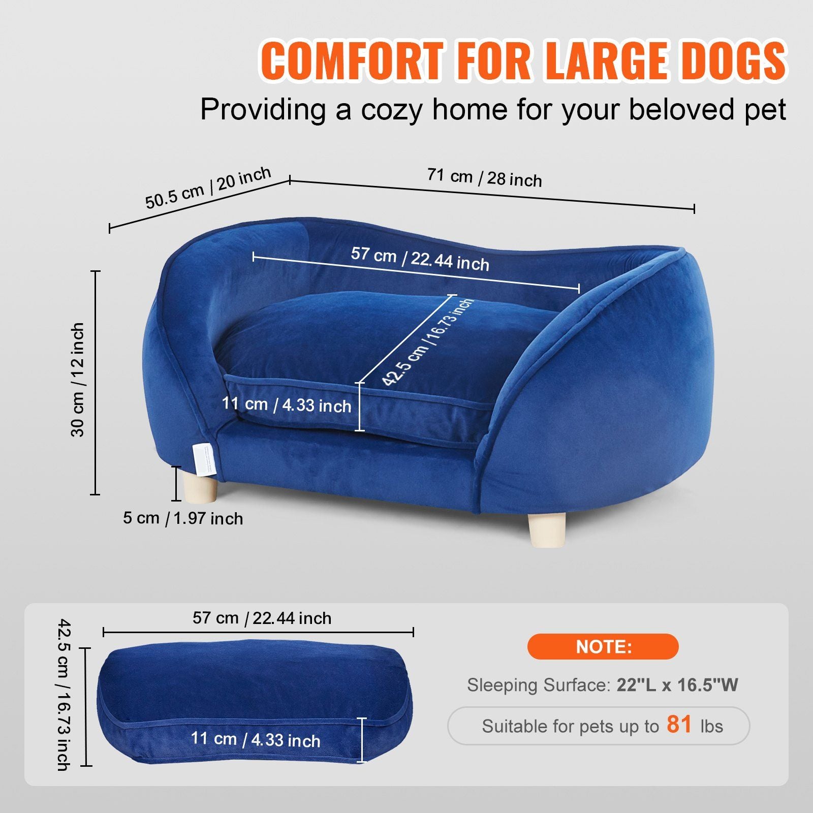 Vevor Pet Sofa, Dog Couch For Small Dogs And Cats, Soft Velvety Dog Sofa Bed, 35 Lbs Loading Cat Sofa, Dark Blue
