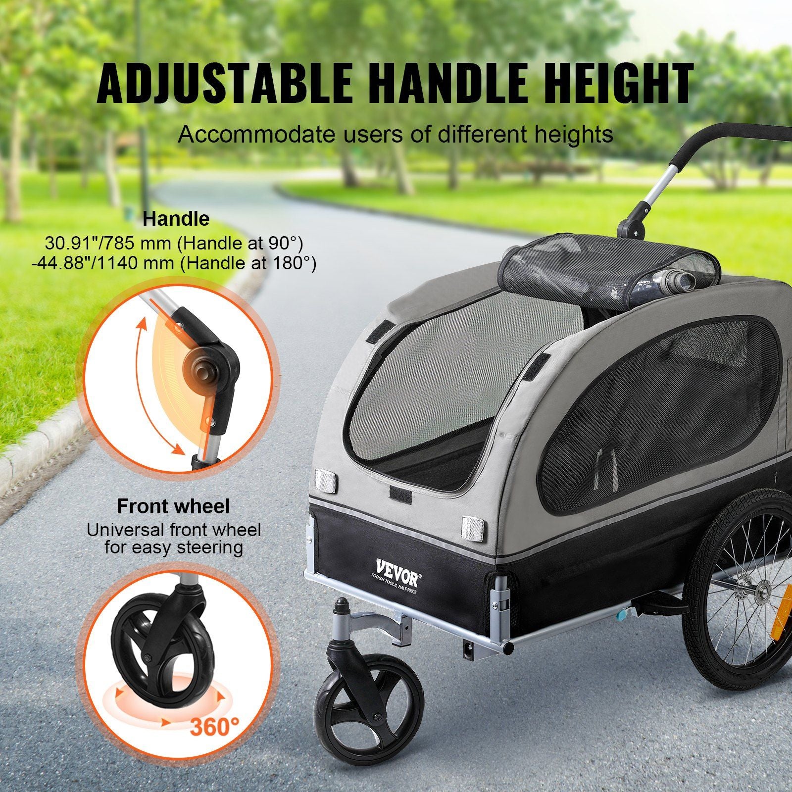 Vevor Dog Bike Trailer, Supports Up To 88 Lbs, 2-In-1 Pet Stroller Cart Bicycle Carrier, Easy Folding Cart Frame With Quick Release Wheels, Universal Bicycle Coupler, Reflectors, Flag, Black/Gray