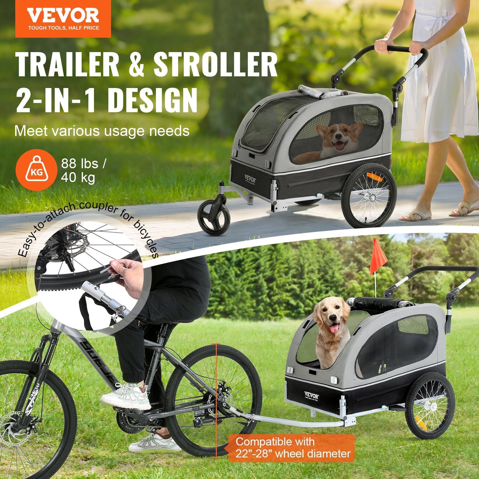 Vevor Dog Bike Trailer, Supports Up To 88 Lbs, 2-In-1 Pet Stroller Cart Bicycle Carrier, Easy Folding Cart Frame With Quick Release Wheels, Universal Bicycle Coupler, Reflectors, Flag, Black/Gray