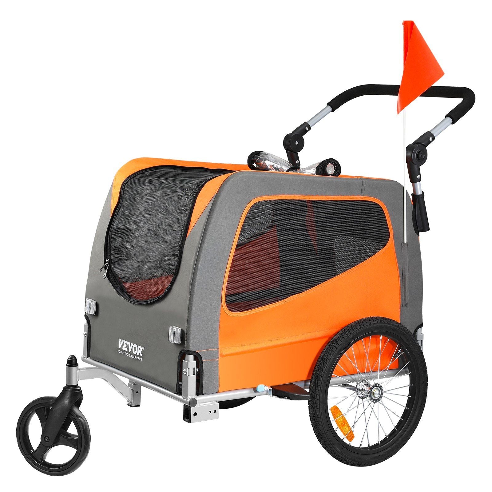 Vevor Dog Bike Trailer, Supports Up To 66 Lbs, 2-In-1 Pet Stroller Cart Bicycle Carrier, Easy Folding Cart Frame With Quick Release Wheels, Universal Bicycle Coupler, Reflectors, Flag, Orange/Gray