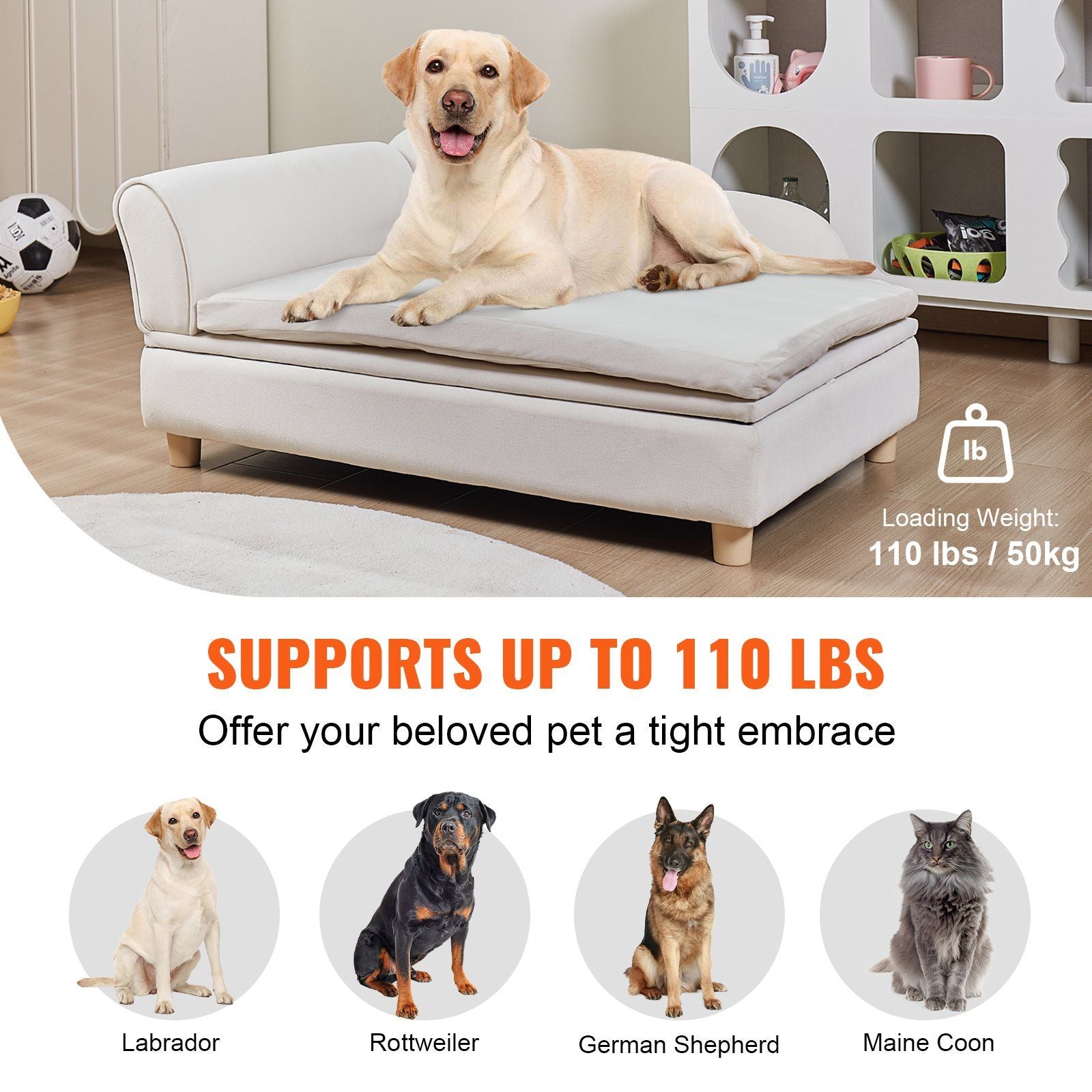 Vevor Pet Sofa, Dog Couch For Large-Sized Dogs And Cats, Soft Velvety Dog Sofa Bed, 60 Lbs Loading Cat Sofa, White