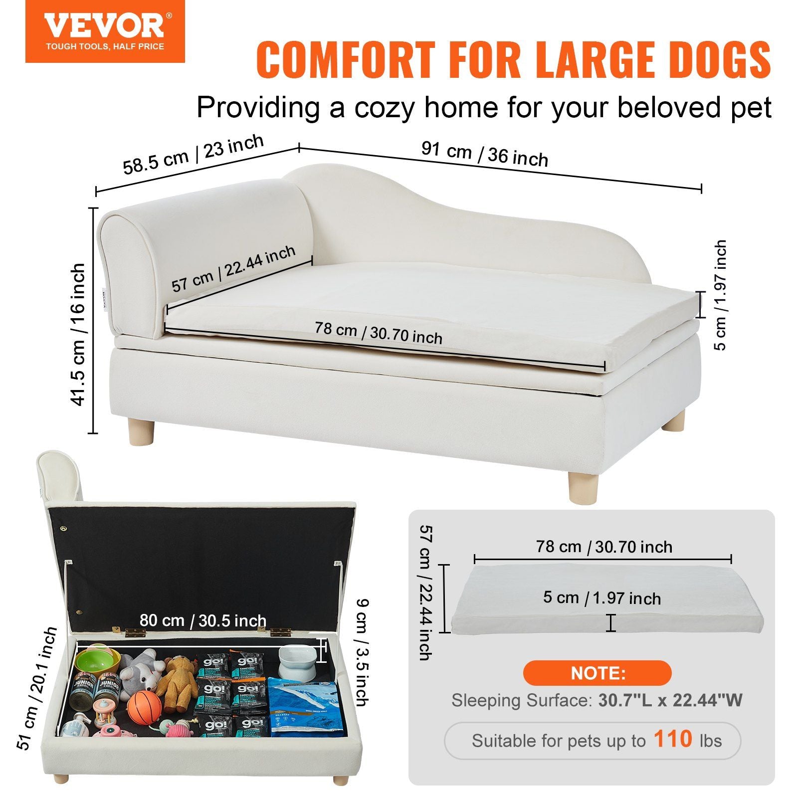 Vevor Pet Sofa, Dog Couch For Large-Sized Dogs And Cats, Soft Velvety Dog Sofa Bed, 60 Lbs Loading Cat Sofa, White