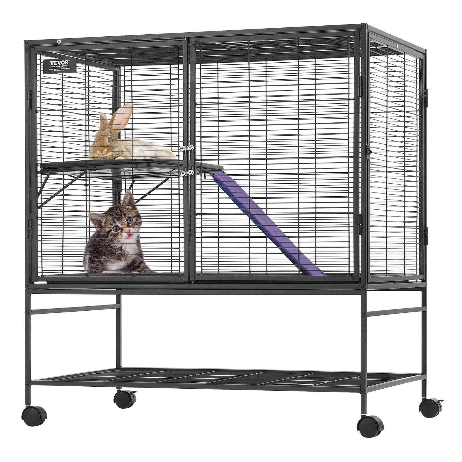 VEVOR 39 Metal Small Animal Cage 2-Tier Rolling Ferret Cage with Tray A Ramp
