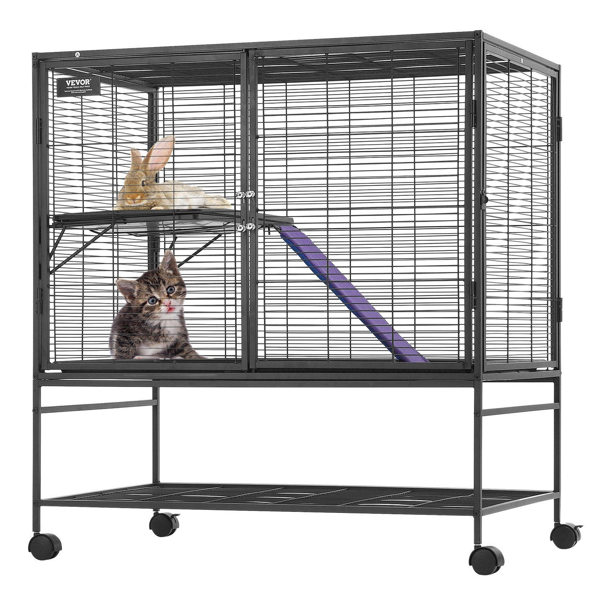 VEVOR 39 Metal Small Animal Cage 2-Tier Rolling Ferret Cage with Tray A Ramp