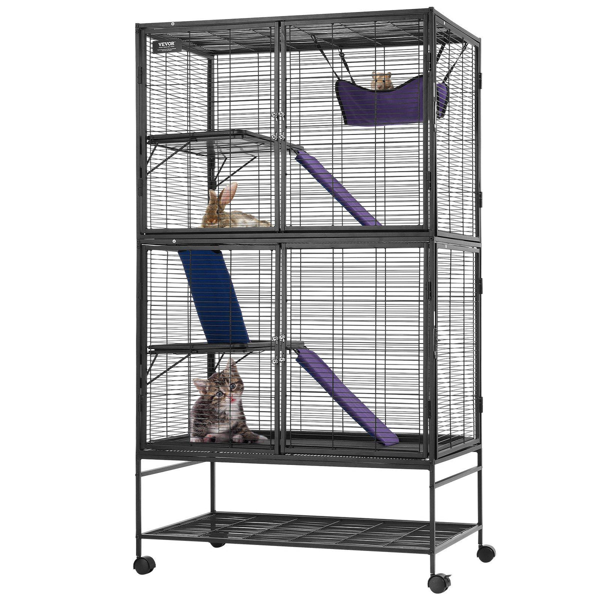 VEVOR 64.6 Metal Small Animal Cage 4-Tier Rolling Ferret Cage with Tray 3 Ramps