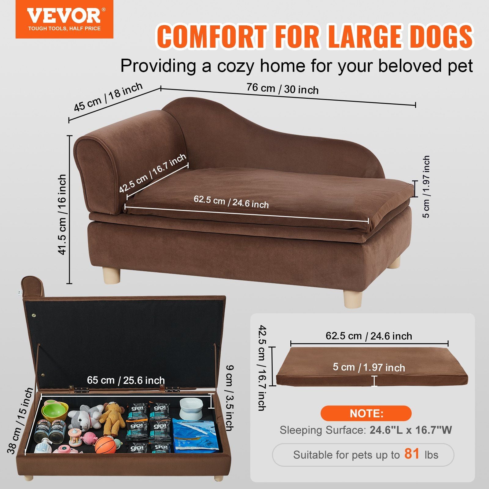 Vevor Pet Sofa, Dog Couch For Medium-Sized Dogs And Cats, Soft Velvety Dog Sofa Bed, 60 Lbs Loading Cat Sofa, Dark Brown