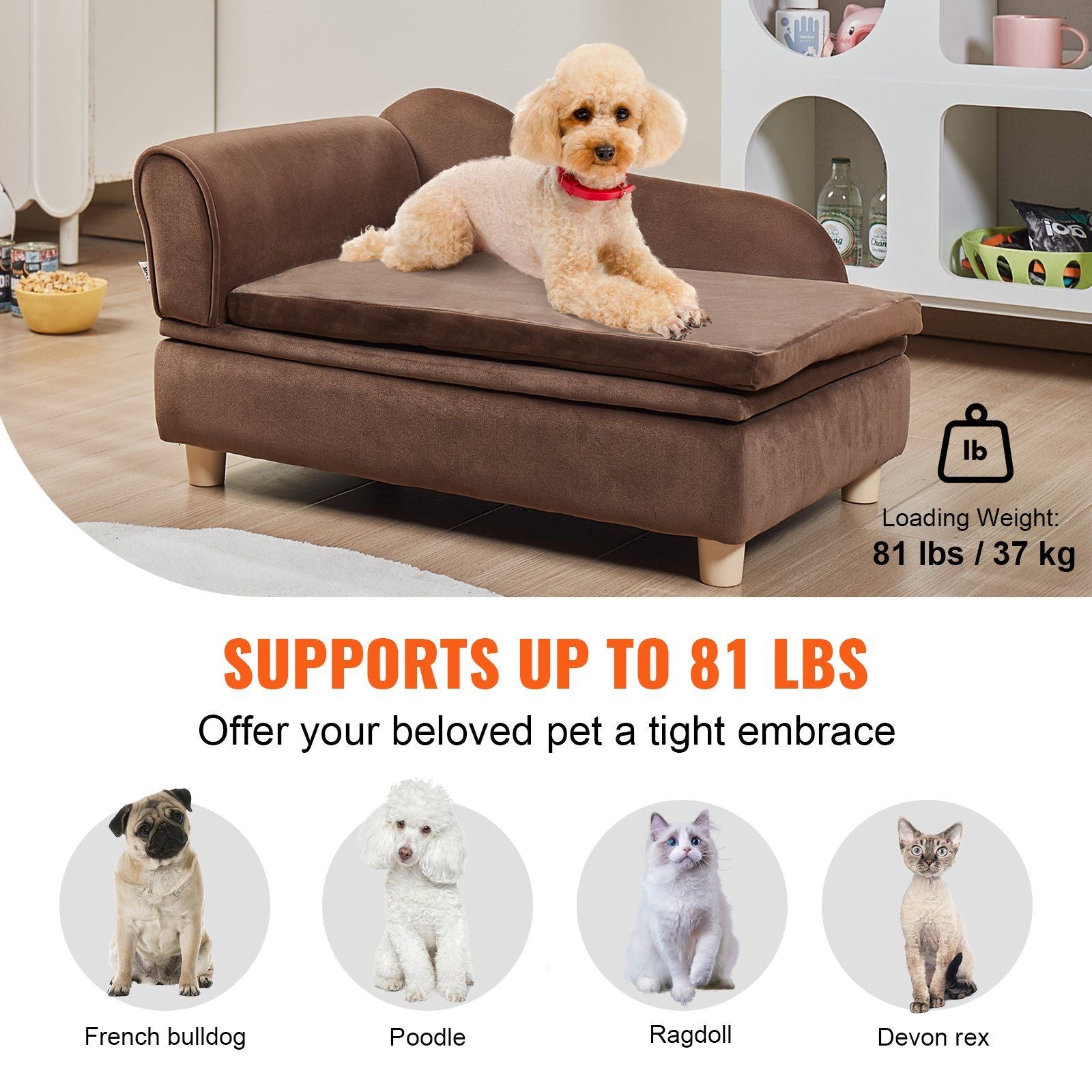 Vevor Pet Sofa, Dog Couch For Medium-Sized Dogs And Cats, Soft Velvety Dog Sofa Bed, 60 Lbs Loading Cat Sofa, Dark Brown