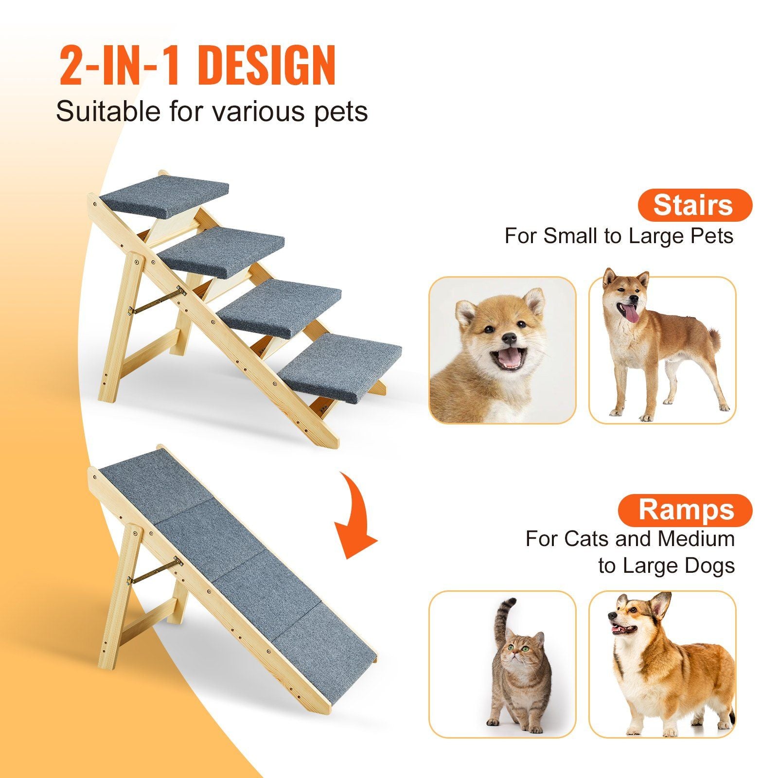 Vevor Wood Pet Stairs/Pet Steps, 2-In-1 Foldable Wooden Dog Stair For Beds, Sofa And Cars, Dog Stairs & Ramp With 4 Steps For Small Medium Large Pet, Up To 150 Lbs