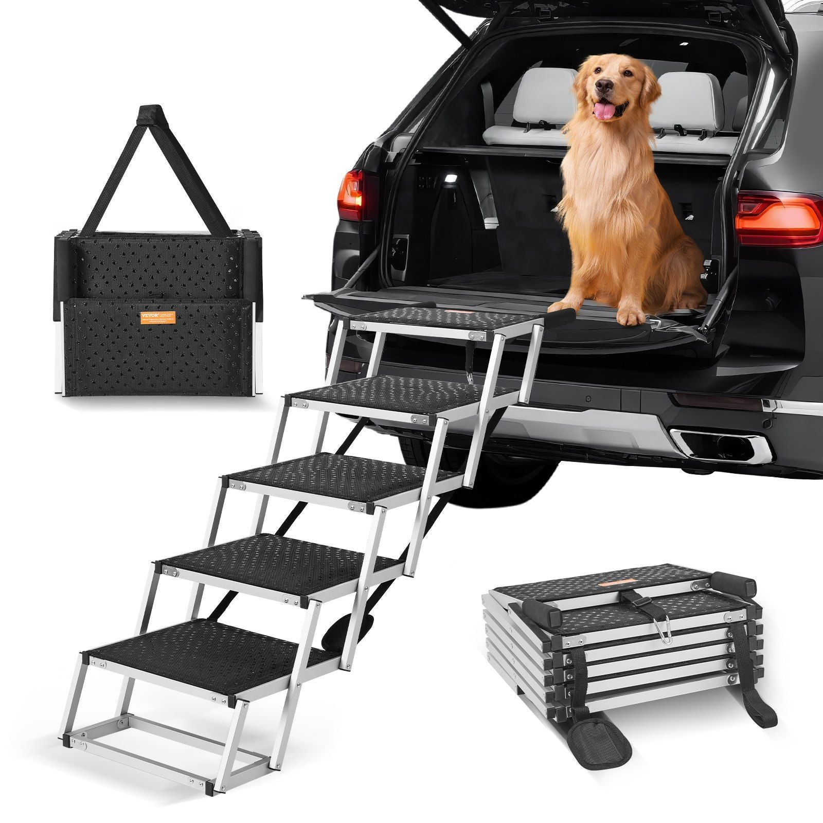 Vevor Dog Stair For Cars, Wide 5-Step Dog Car Steps, Folding Dog Car Ramp With Nonslip Surface, Portable Pet Steps Lightweight Aluminum For Car, Suv And Truck, Supports Up To 150 Lbs