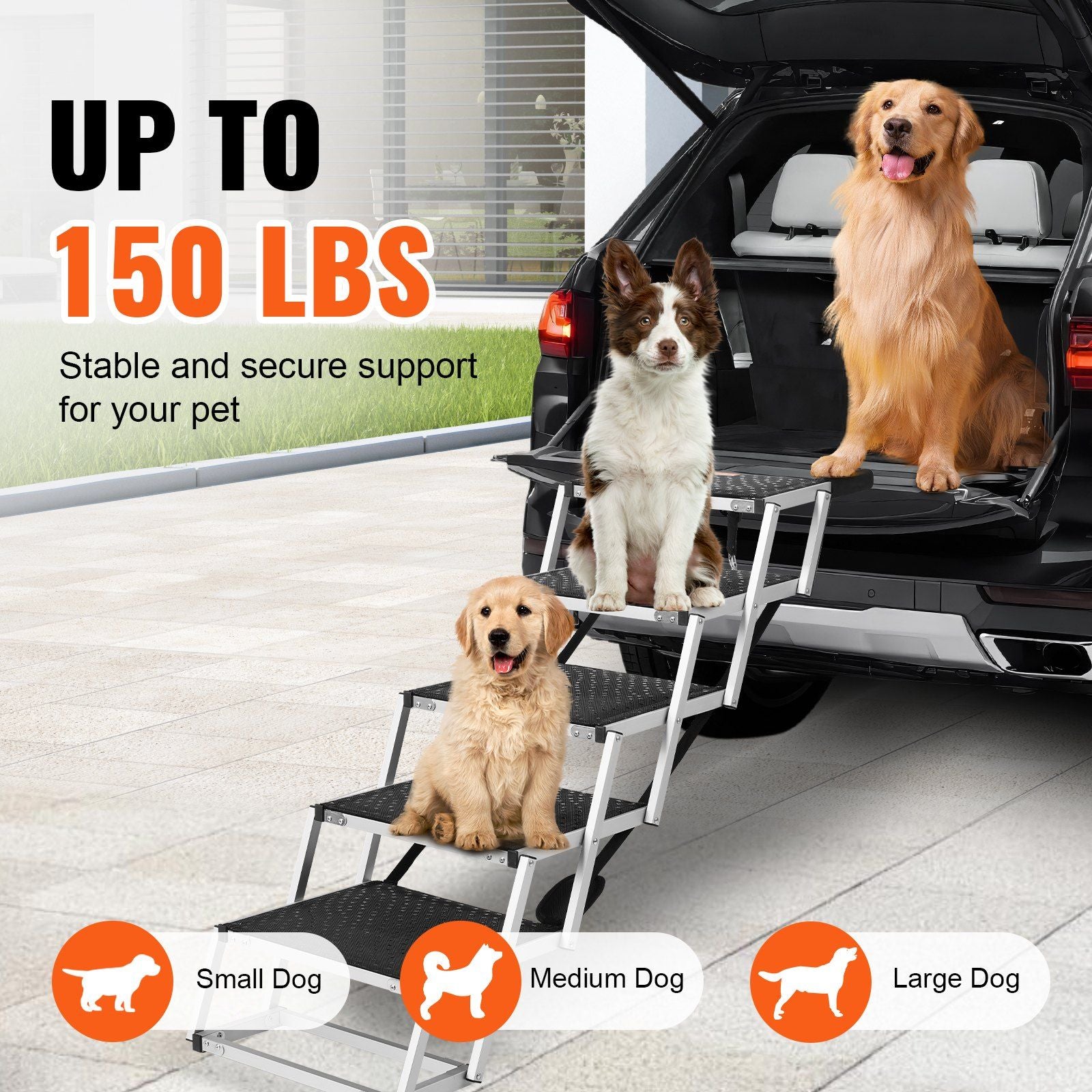 Vevor Dog Stair For Cars, Wide 5-Step Dog Car Steps, Folding Dog Car Ramp With Nonslip Surface, Portable Pet Steps Lightweight Aluminum For Car, Suv And Truck, Supports Up To 150 Lbs
