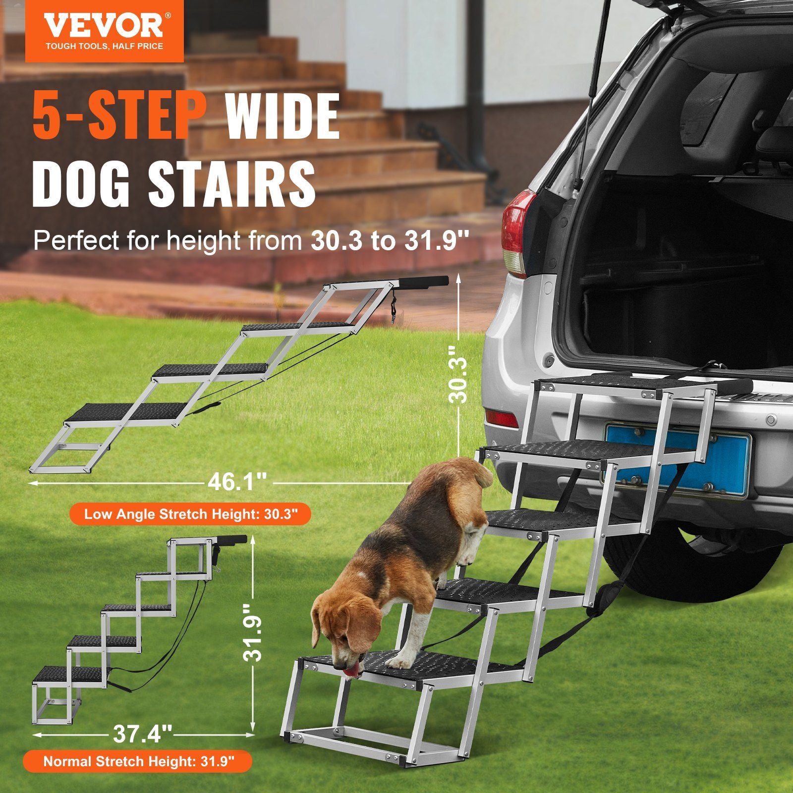 Vevor Dog Stair For Cars, Wide 5-Step Dog Car Steps, Folding Dog Car Ramp With Nonslip Surface, Portable Pet Steps Lightweight Aluminum For Car, Suv And Truck, Supports Up To 150 Lbs