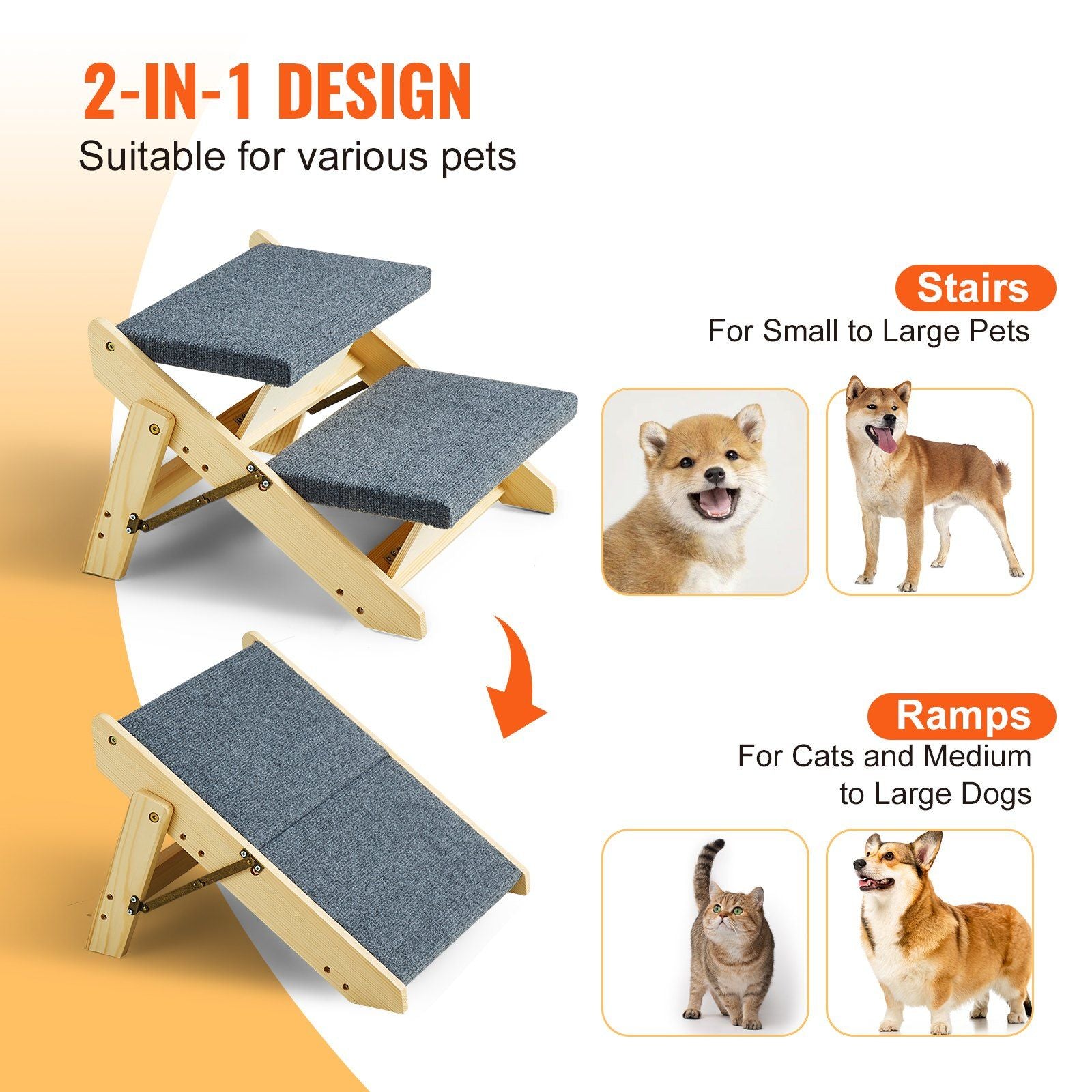 VEVOR 2-Steps Wood Pet Stairs, Foldable Dog Ramp for Beds, Sofa & Cars, Natural Finish, Supports Pets up to 110 lbs