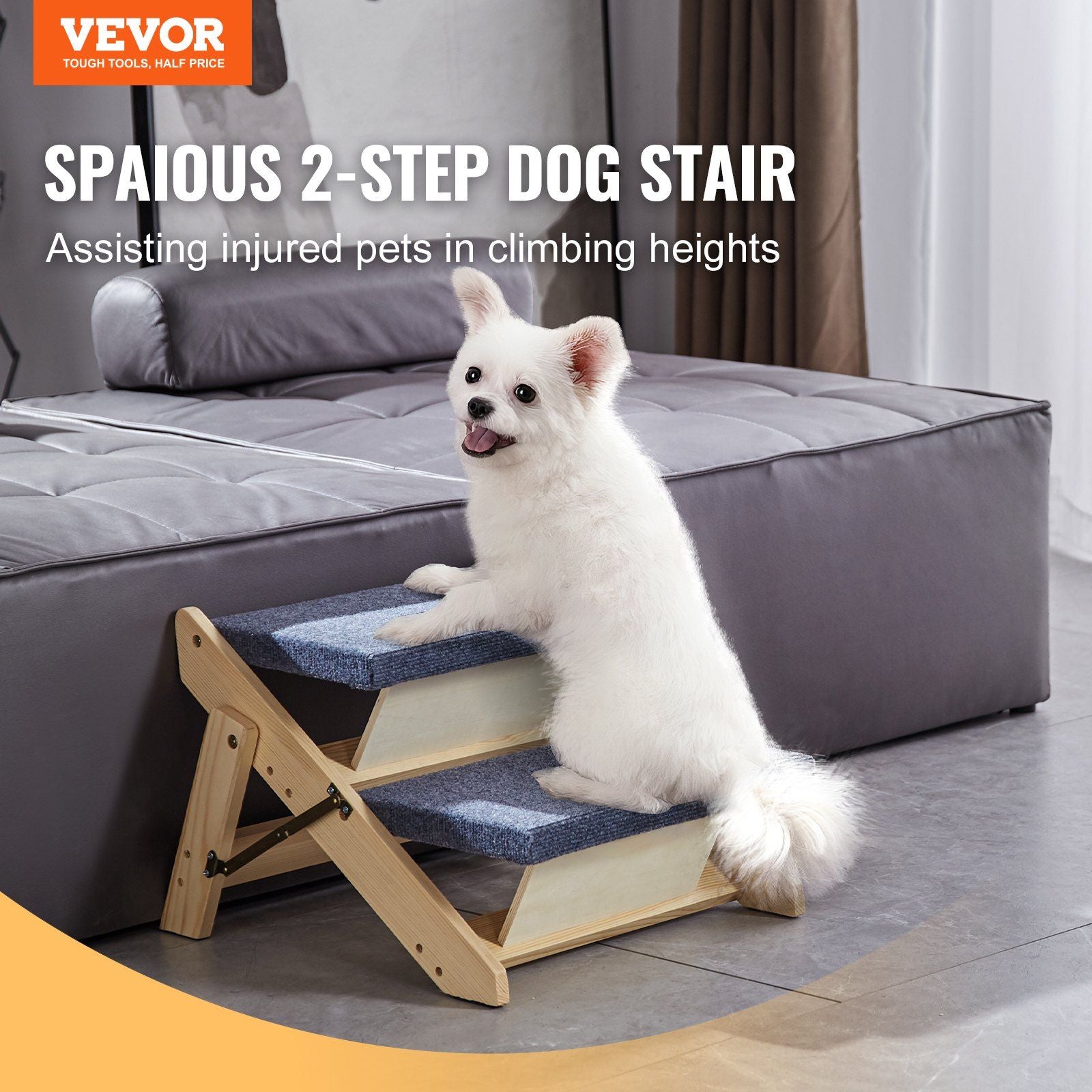 VEVOR 2-Steps Wood Pet Stairs, Foldable Dog Ramp for Beds, Sofa & Cars, Natural Finish, Supports Pets up to 110 lbs