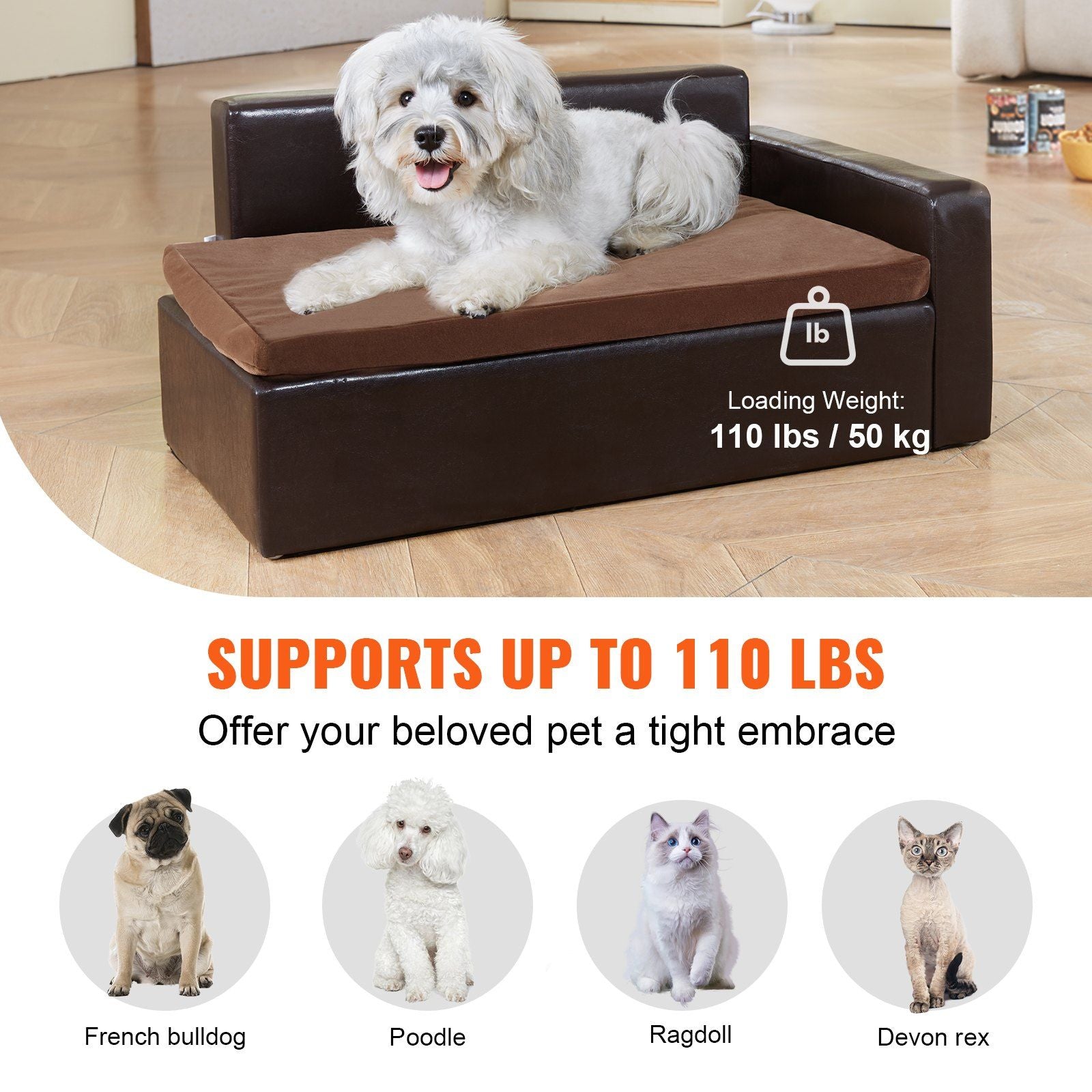 Vevor Pet Sofa, Dog Couch For Medium-Sized Dogs And Cats, Soft Leather Dog Sofa Bed, 50 Lbs Loading Cat Sofa, Black