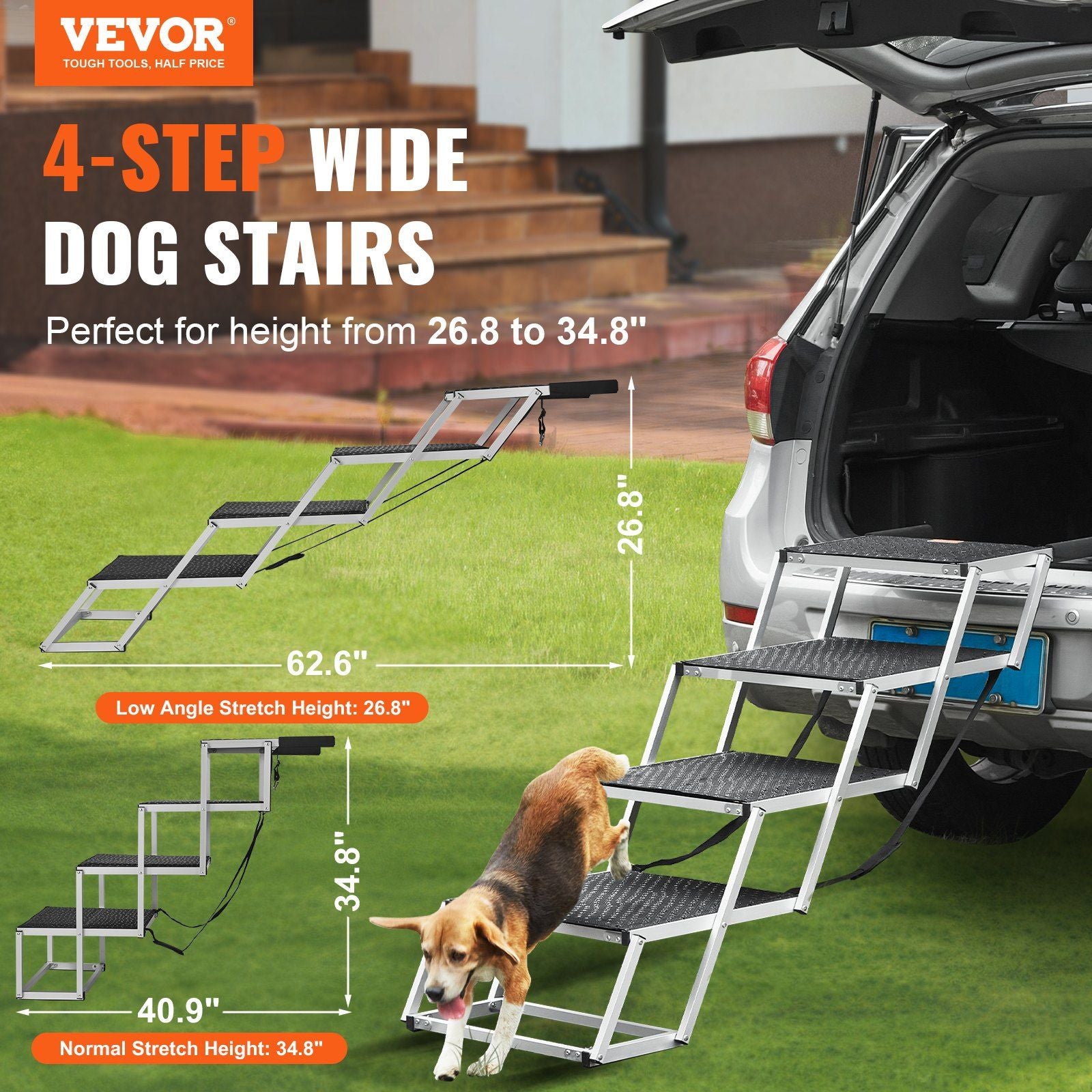 Vevor Dog Stair For Cars, Wide 4-Step Dog Car Steps, Folding Dog Car Ramp With Nonslip Surface, Portable Pet Steps Lightweight Aluminum For Car, Suv And Truck, Supports Up To 250 Lbs
