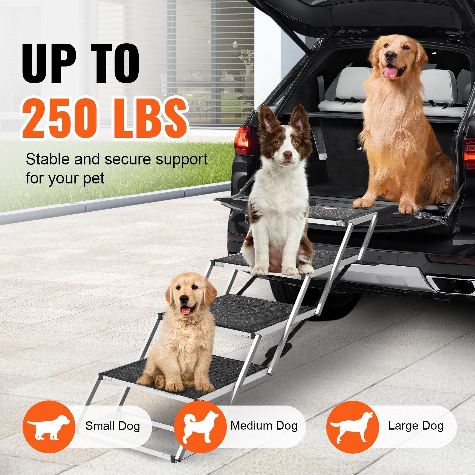 Vevor Dog Stair For Cars, Wide 4-Step Dog Car Steps, Folding Dog Car Ramp With Nonslip Surface, Portable Pet Steps Lightweight Aluminum For Car, Suv And Truck, Supports Up To 250 Lbs