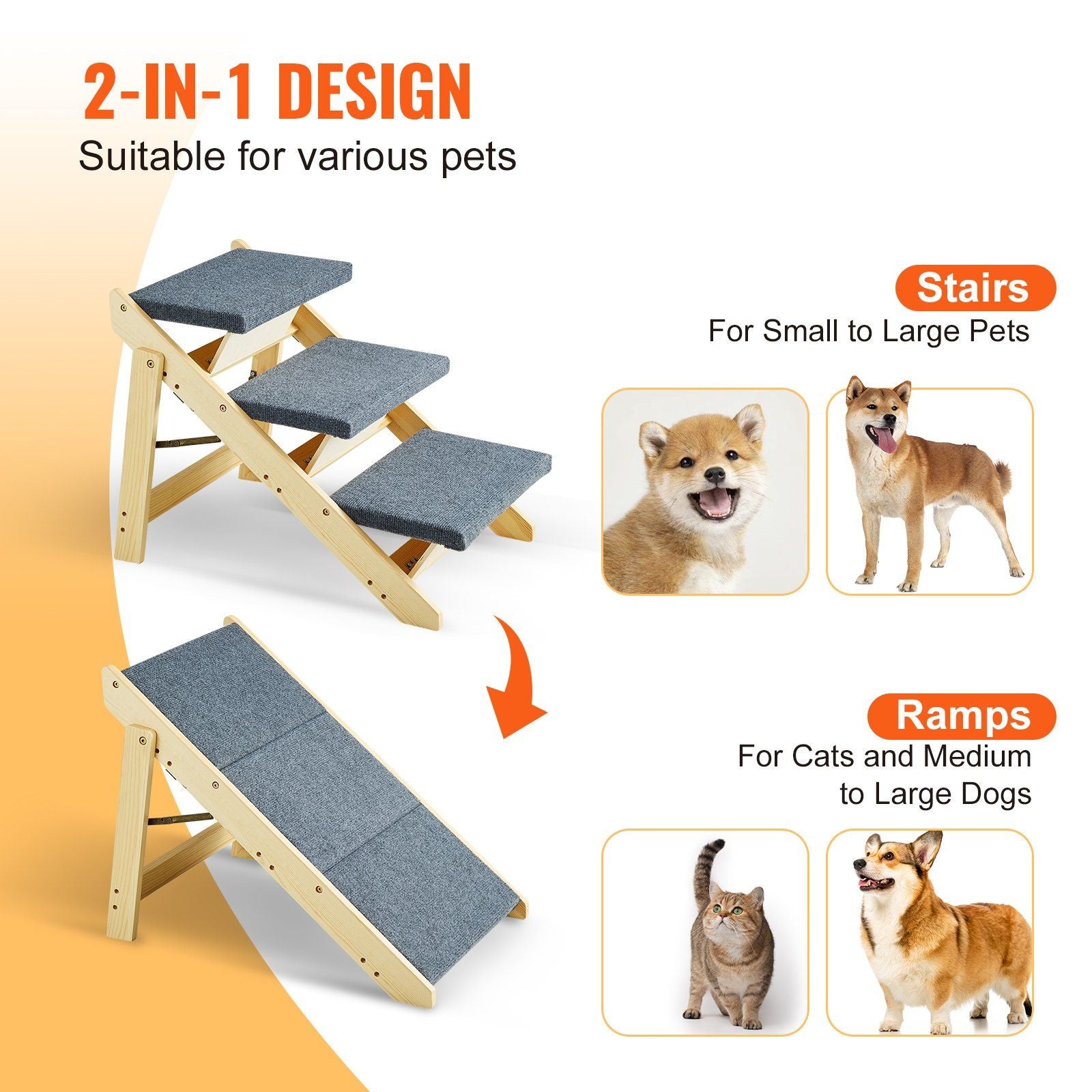 Vevor Wood Pet Stairs/Pet Steps, 2-In-1 Foldable Wooden Dog Stair For Beds, Sofa And Cars, Dog Stairs & Ramp With 3 Steps For Small Medium Large Pet, Up To 150 Lbs