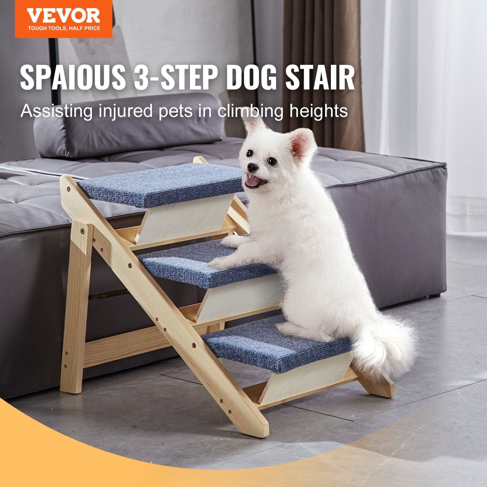 Vevor Wood Pet Stairs/Pet Steps, 2-In-1 Foldable Wooden Dog Stair For Beds, Sofa And Cars, Dog Stairs & Ramp With 3 Steps For Small Medium Large Pet, Up To 150 Lbs