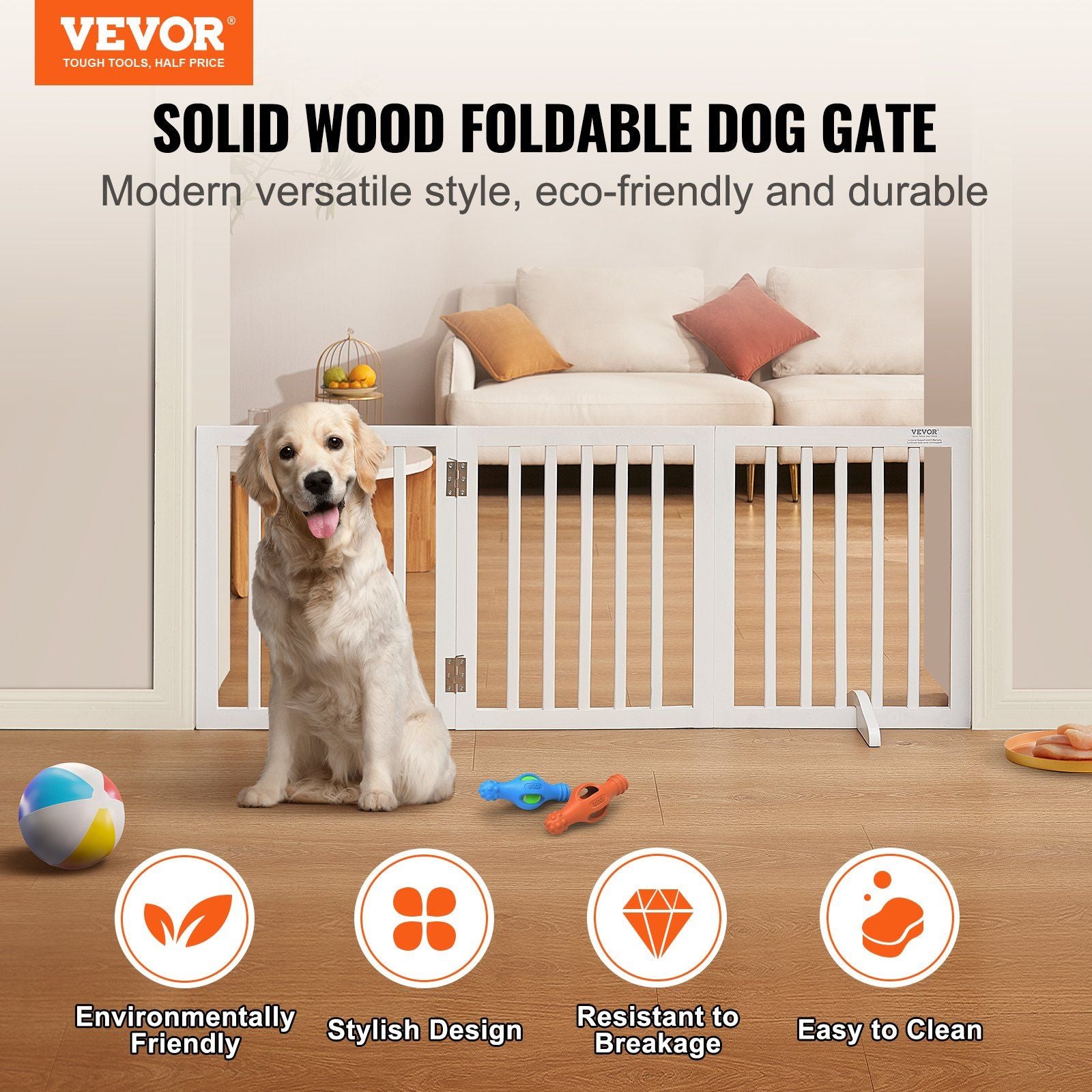 Vevor Free Standing Dog Gate, Wooden Freestanding Pet Gate 24' H X 60' W, 3 Panels Foldable Dog Gate For Wide And Narrow Passageways, Expandable Dog Barrier With Silent Foot Support For Indoor, White