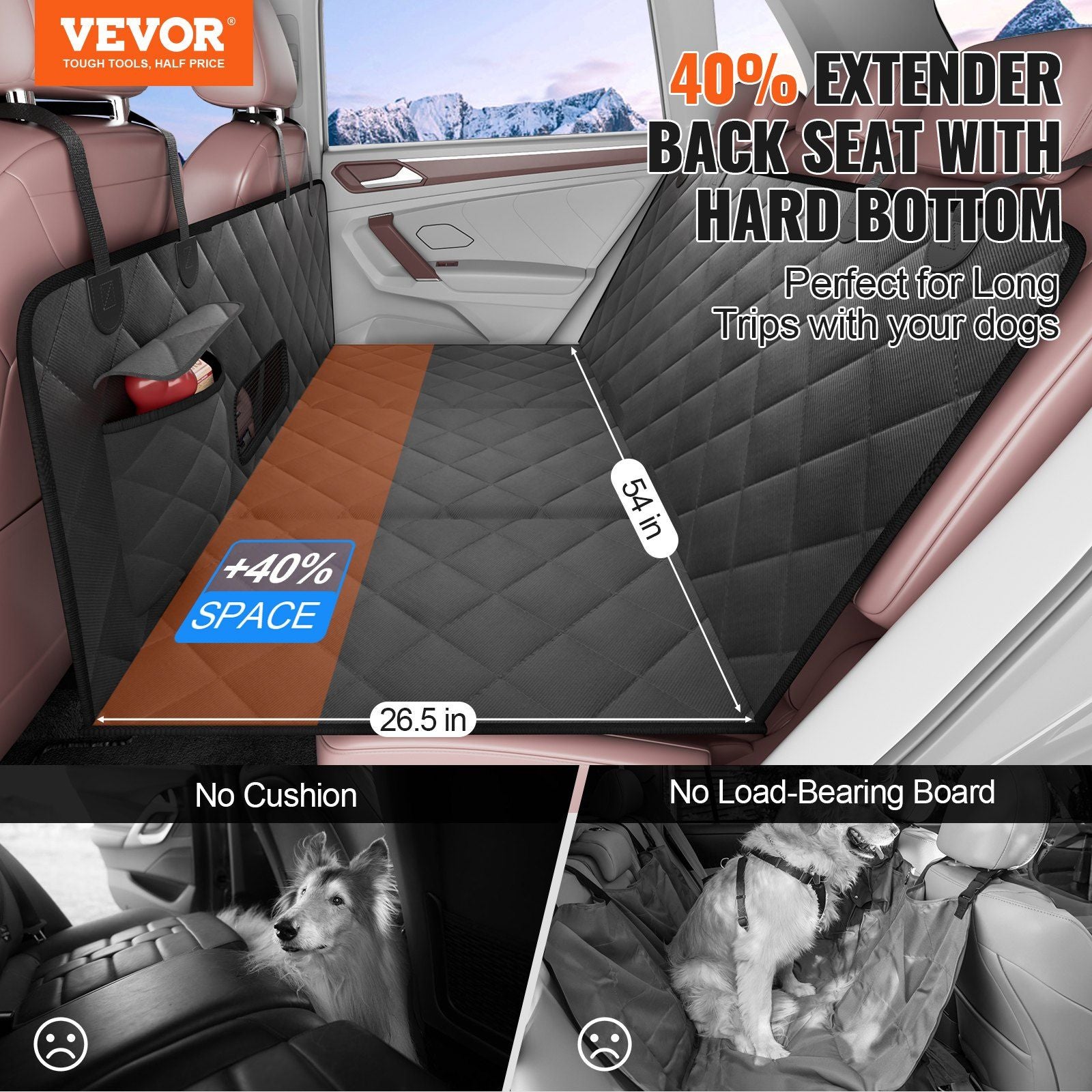 Vevor Dog Car Seat Cover For Back Seat, 54 X 26.5 In Waterproof, 600D Heavy Duty Pet Car Seat Protectors With Mesh Window And Storage Pocket, Scratchproof Soft Backseat Dog Hammock Mat For Suv