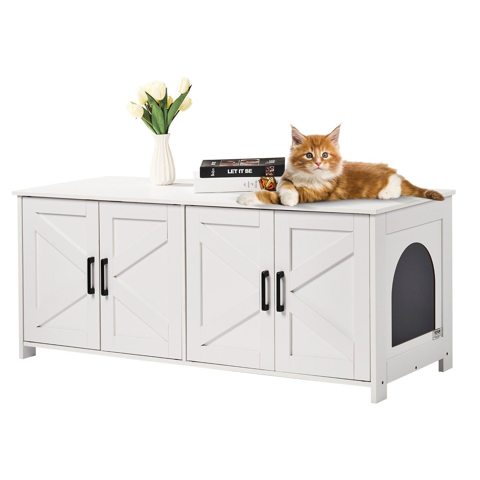 Vevor Cat Litter Box Enclosure For 2 Cats, Litter Box Furniture Hidden With Double Rooms, Wooden Cat Box Cabinet Fit Most Of Litter Box, 47.2' L X 18.5' W X 19.7' H, White