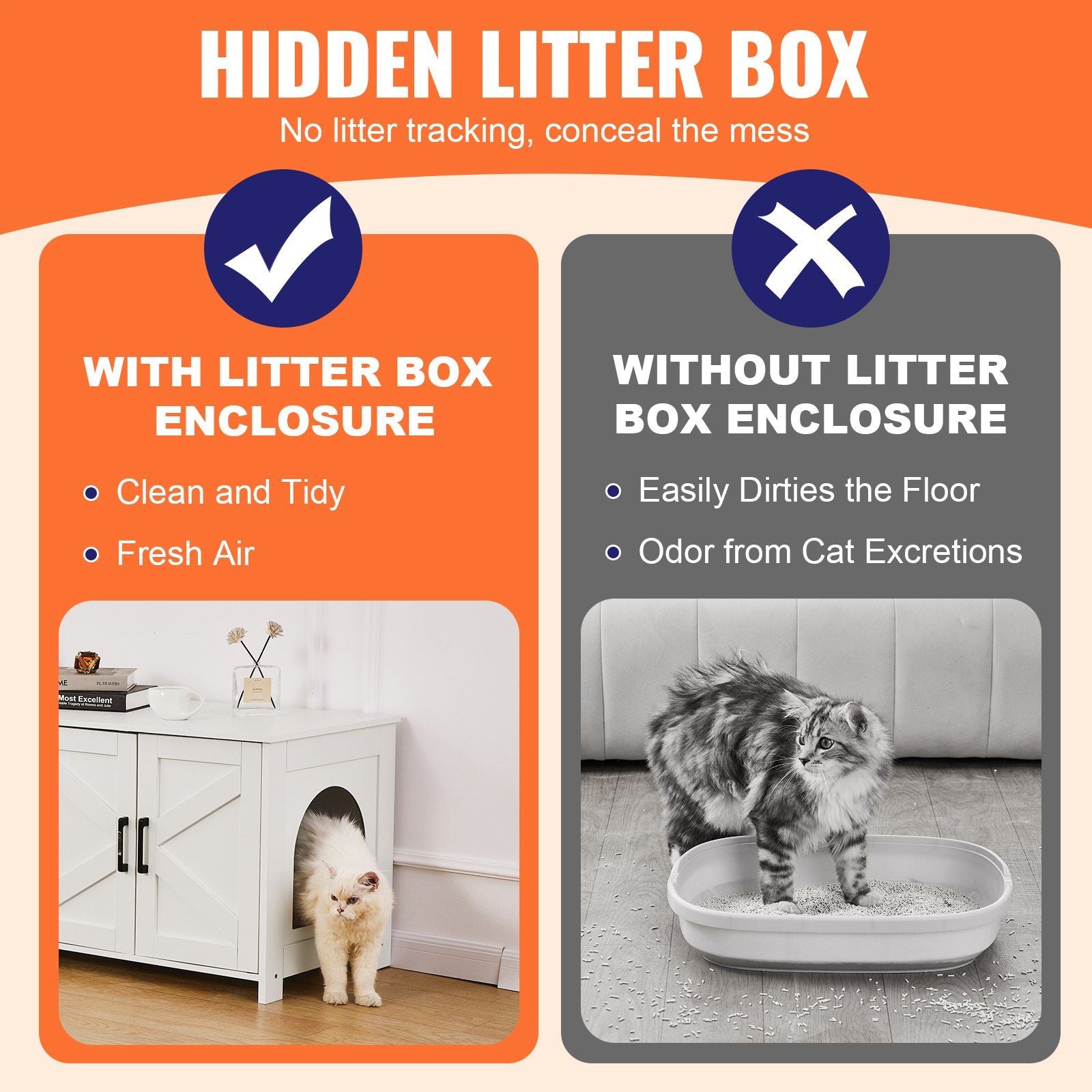 Vevor Cat Litter Box Enclosure For 2 Cats, Litter Box Furniture Hidden With Double Rooms, Wooden Cat Box Cabinet Fit Most Of Litter Box, 47.2' L X 18.5' W X 19.7' H, White