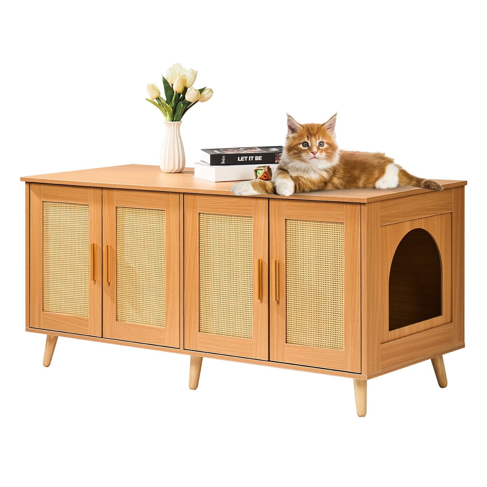 Vevor Cat Litter Box Enclosure For 2 Cats, Litter Box Furniture Hidden With Rattan Decorated Doors, Wooden Cat Box Cabinet Fit Most Of Litter Box, 47.2' L X 19.7' W X 21.7' H, Natural