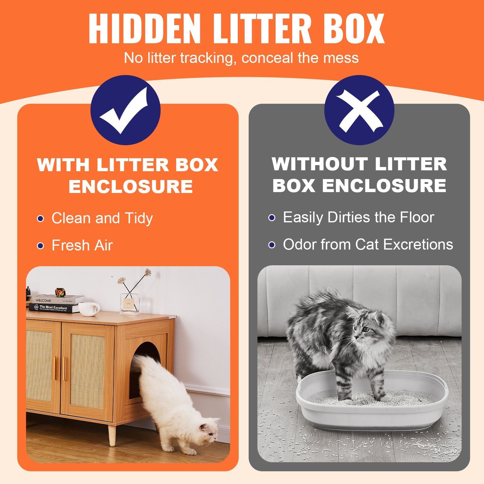Vevor Cat Litter Box Enclosure For 2 Cats, Litter Box Furniture Hidden With Rattan Decorated Doors, Wooden Cat Box Cabinet Fit Most Of Litter Box, 47.2' L X 19.7' W X 21.7' H, Natural