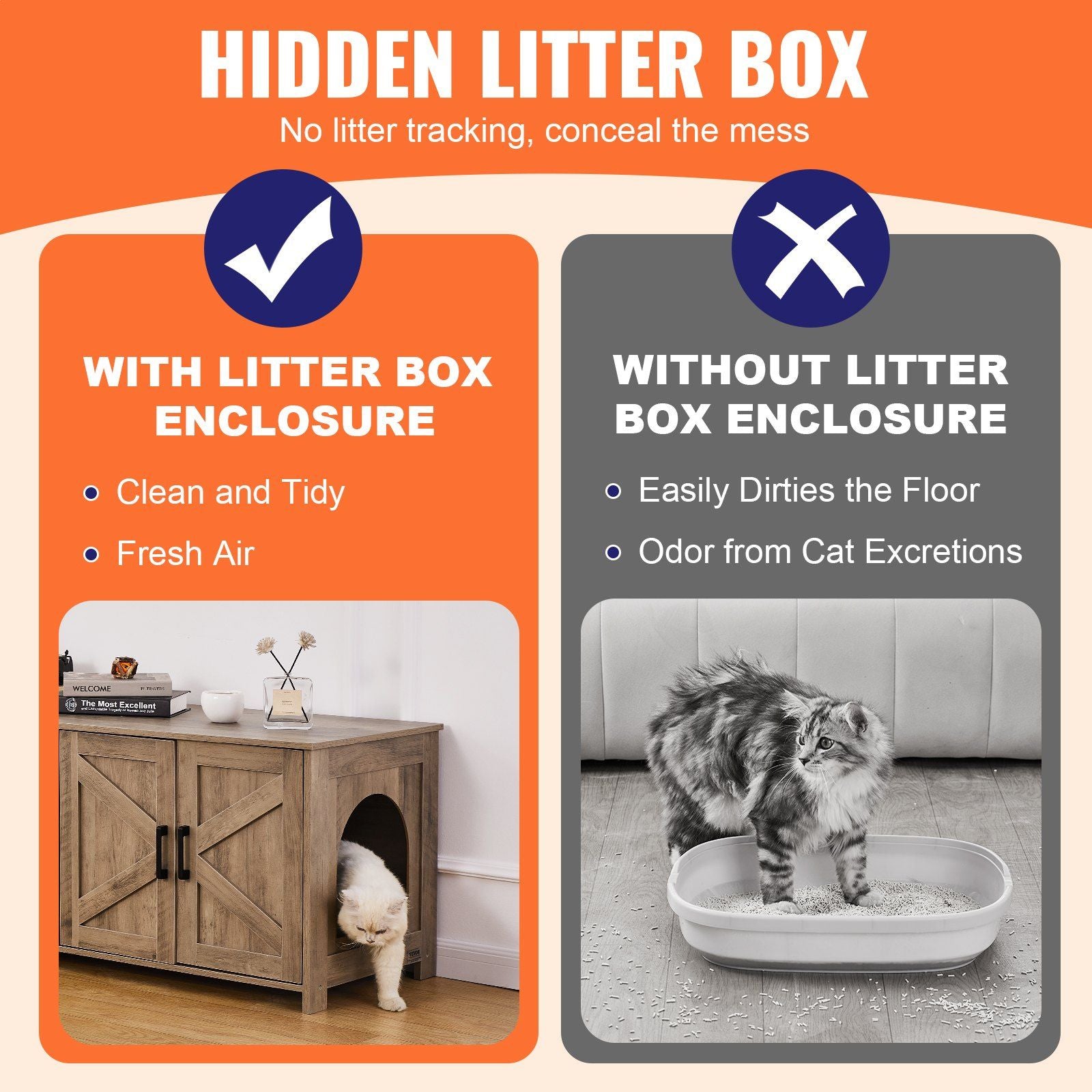 Vevor Cat Litter Box Enclosure For 2 Cats, Litter Box Furniture Hidden With Double Rooms, Wooden Cat Box Cabinet Fit Most Of Litter Box, 47.2' L X 18.5' W X 19.7' H, Greige