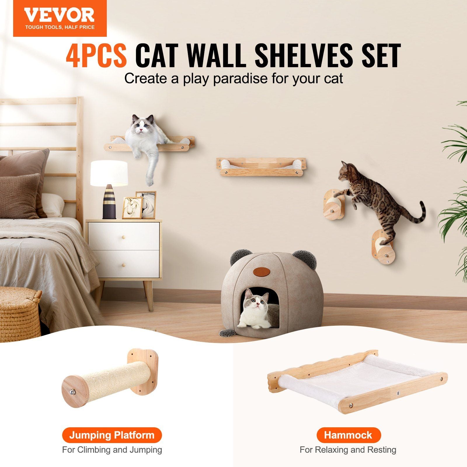 Vevor Wall Mounted Cat Shelves, Cat Wall Shelves And Perches With Jumping Posts & Hammocks, Cat Furniture Set Up To 40 Lbs, Removable & Washable Coral Fleece For Sleeping, Playing, Climbing, Set Of 4