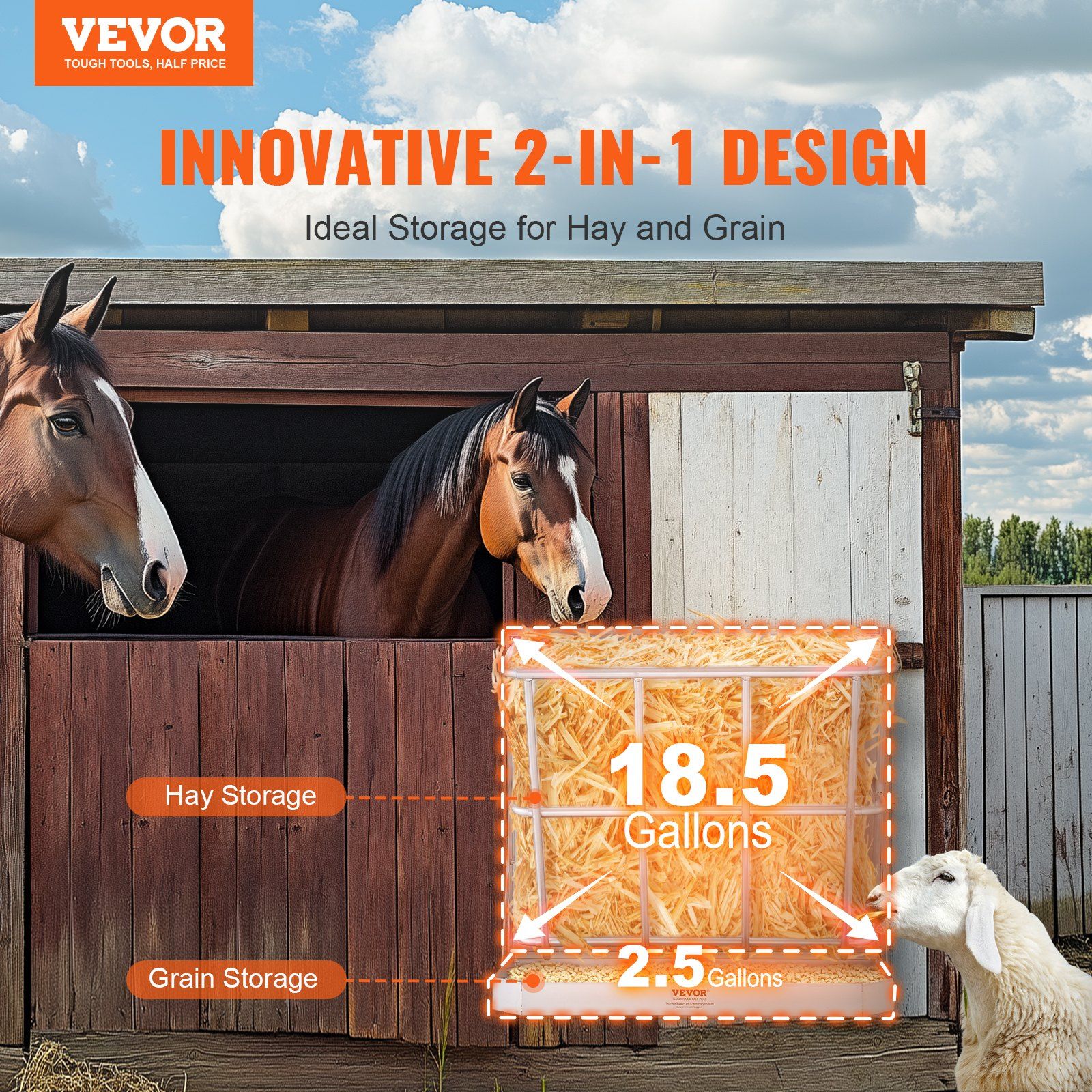 VEVOR 21 Gallon Goat Hay Feeder, Wall Mounted Steel Rack with Feed Tray for Sheep & Horses, 2-in-1 Hay & Grain Storage, Silver