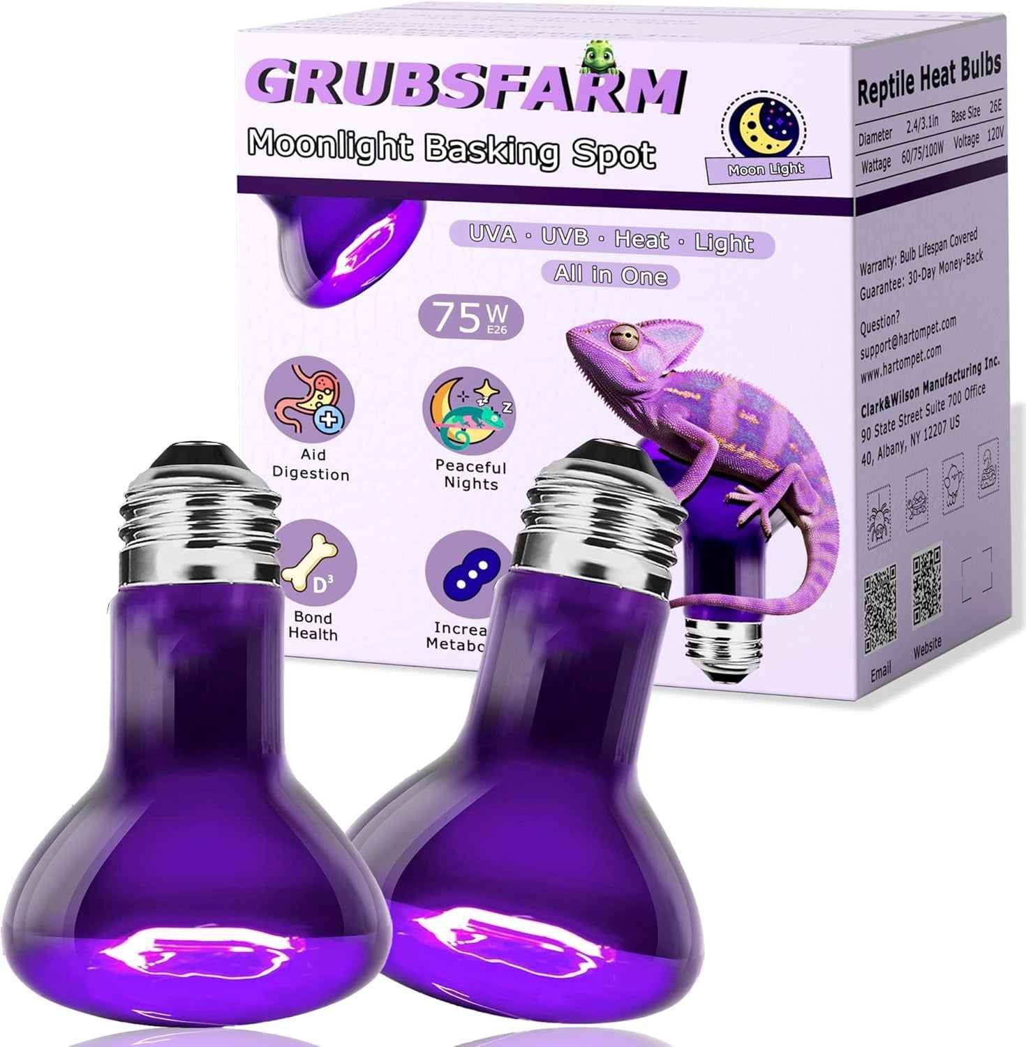 Reptile Night Heat Bulb 75W Purple UVA Basking Lamp E26 2 Pack