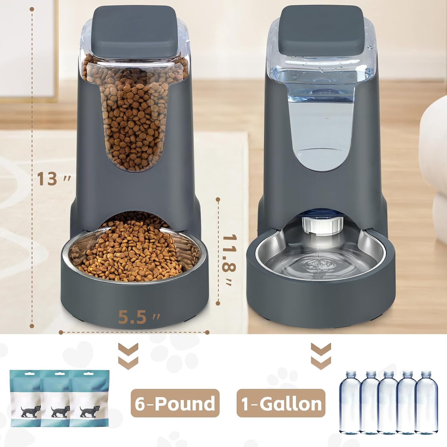 Automatic Cat Feeder & Water Dispenser Set, Steel Bowls, 1 Gallon