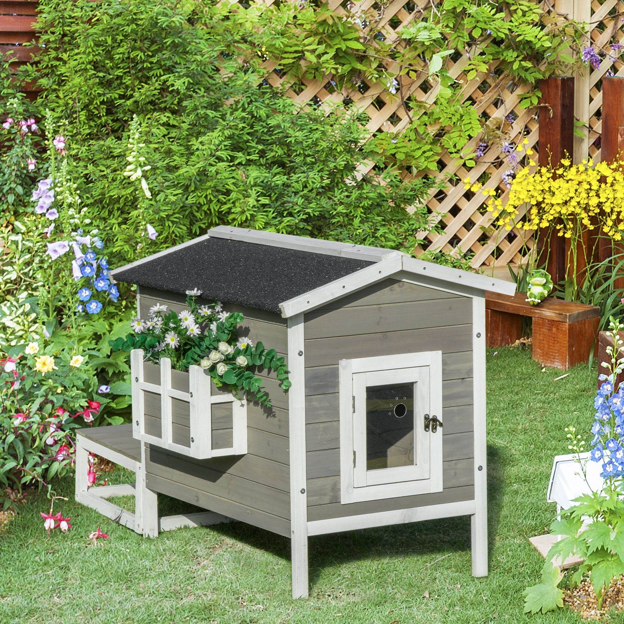 Weatherproof Outdoor Cat House with Porch & Escape Door - Feral Cat Shelter with Plant Stand | Dark Grey/White Wood Construction
