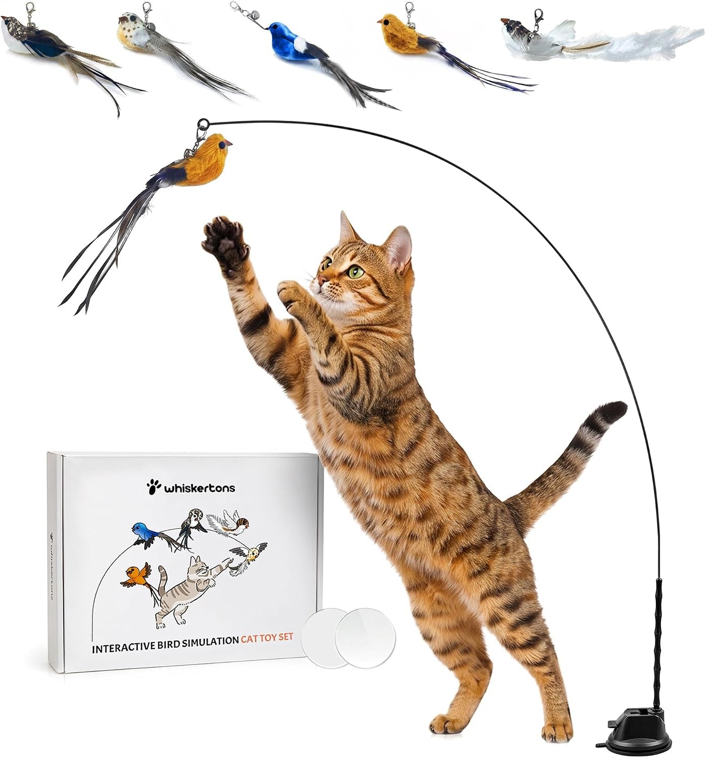 Interactive Cat Feather Toy with Suction Base & 5 Bird Refills