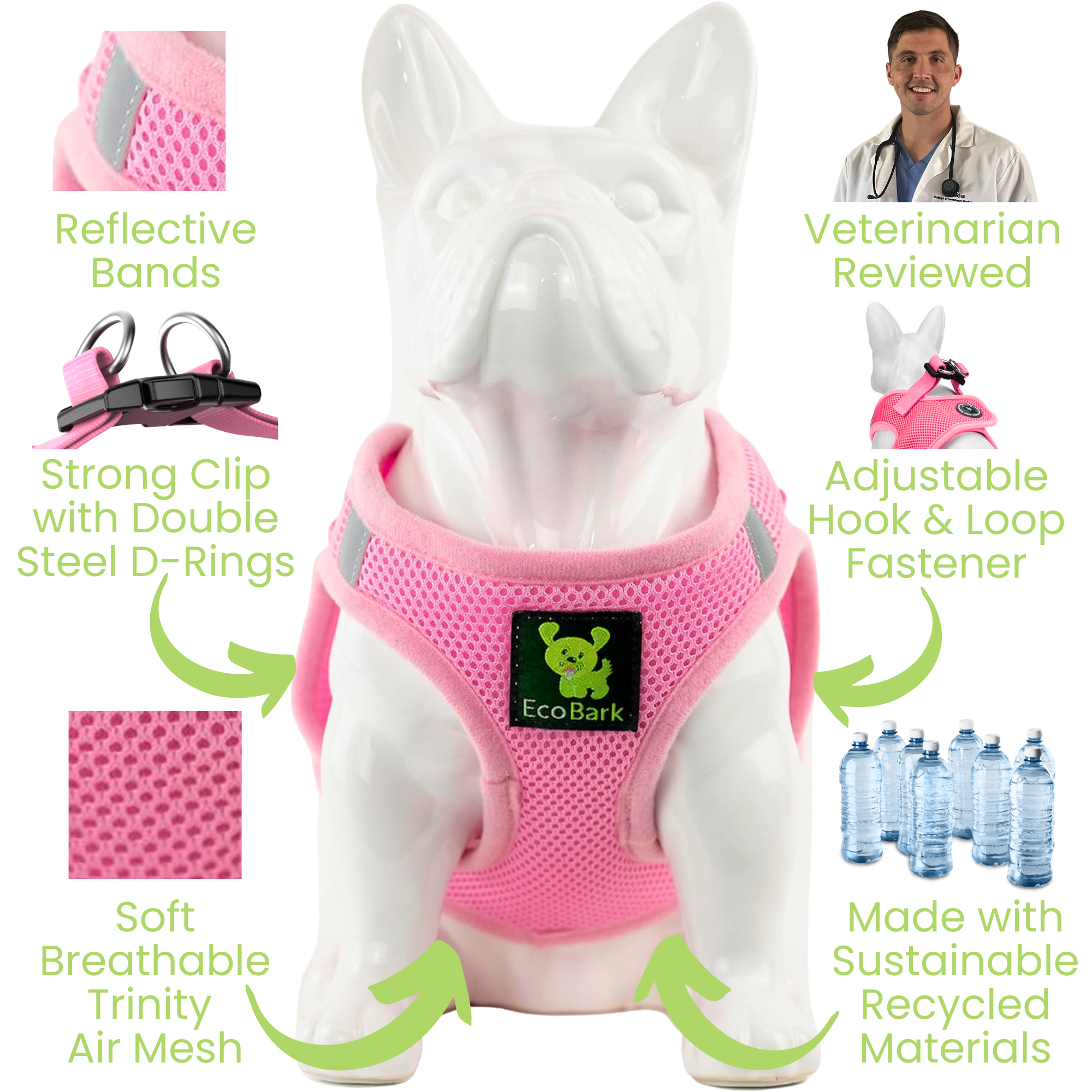 EcoBark Step In Dog Harness - Teacup & Small Breeds- Reflective Soft Mesh Harness for Teacup, Small Dogs and Puppies / Baby Pink