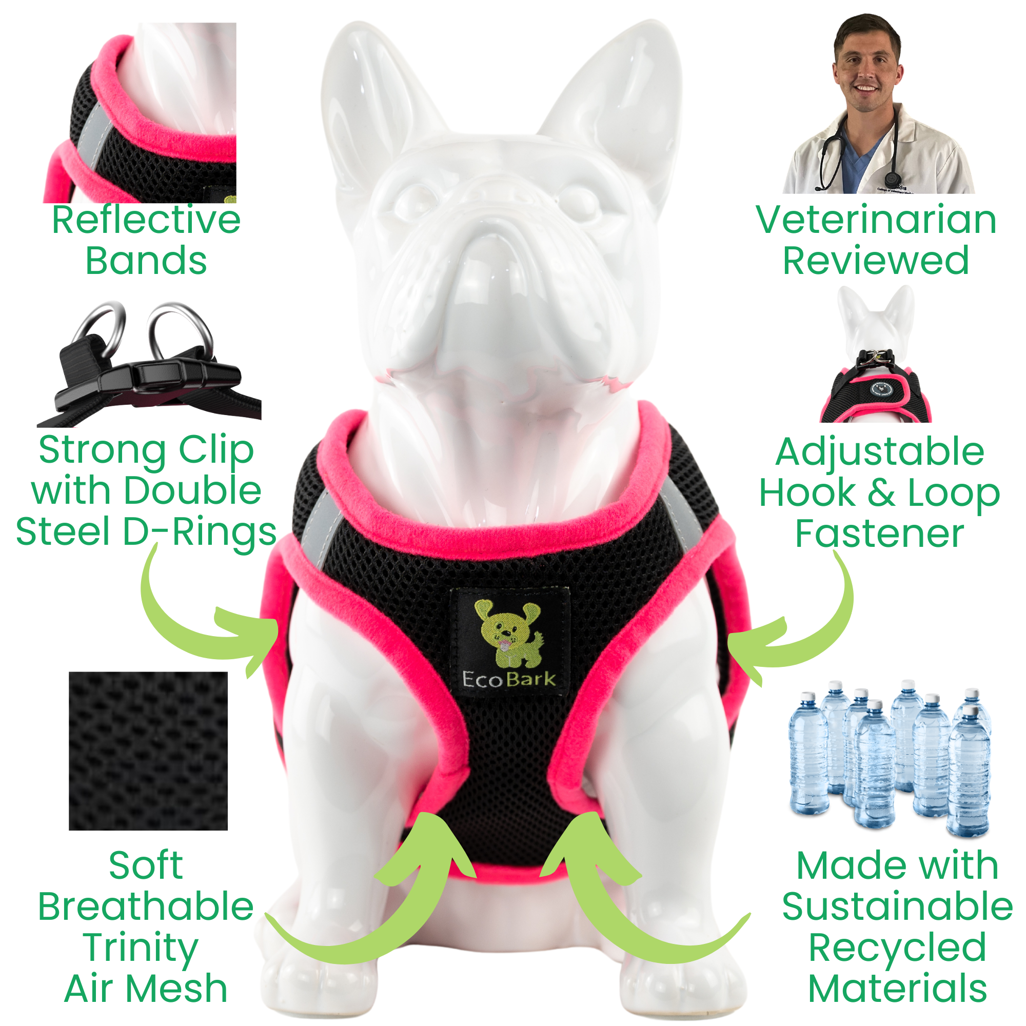 EcoBark Step In Dog Harness - Teacup & Small Breeds- Reflective Soft Mesh Harness for Teacup, Small Dogs and Puppies / Black w/ Pink Piping