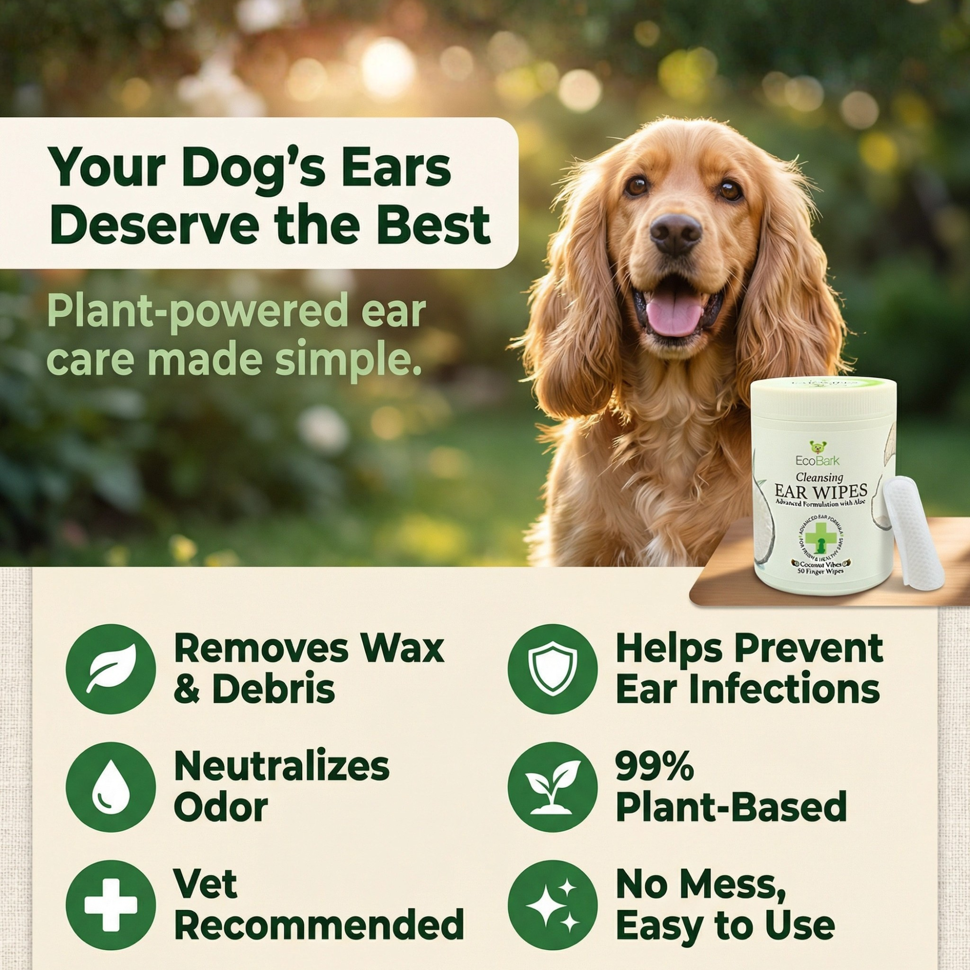 Natural Dog Ear Finger Wipes | EcoBark Coconut Cleansing Ear Wipes for dogs (50 Count)