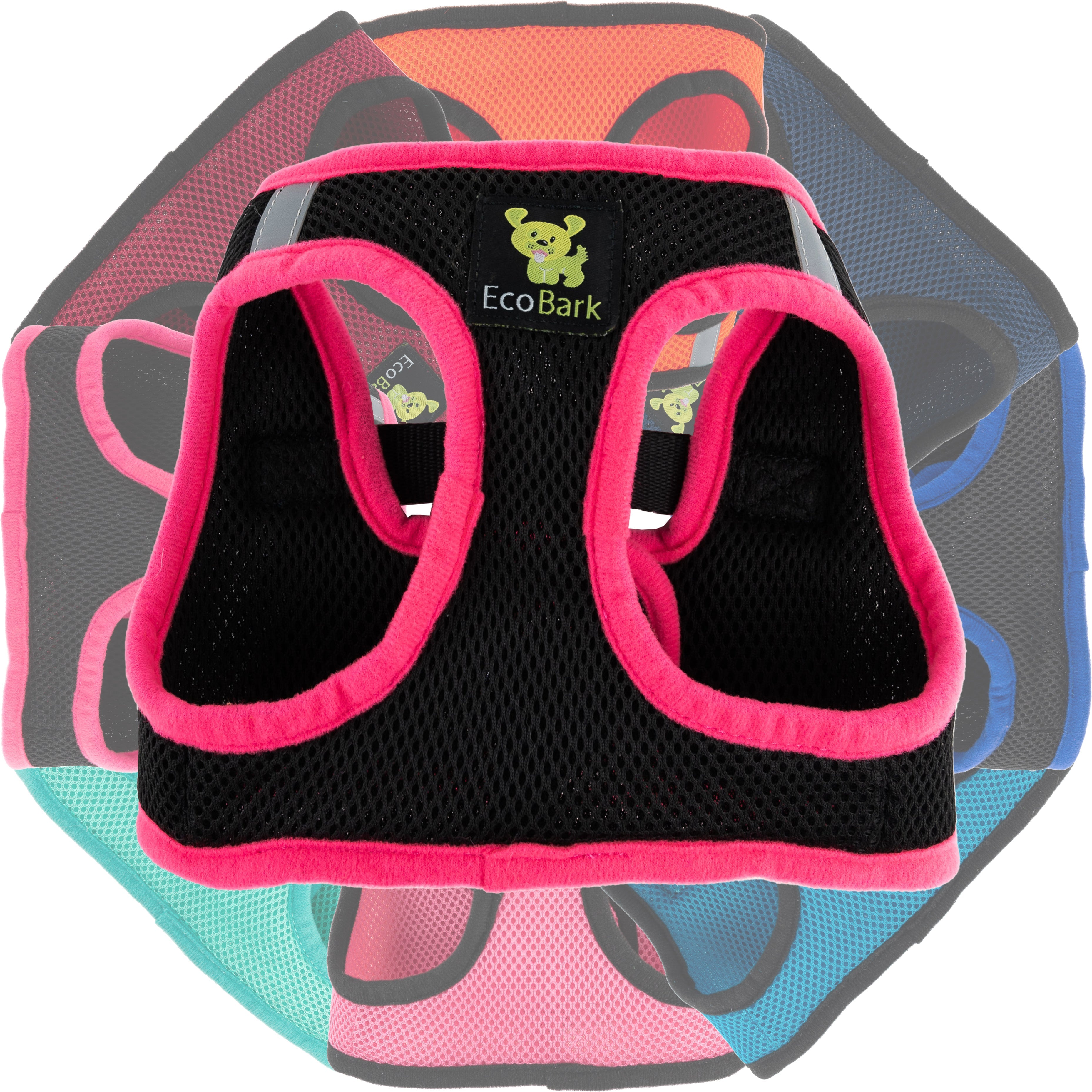 EcoBark Step In Dog Harness - Teacup & Small Breeds- Reflective Soft Mesh Harness for Teacup, Small Dogs and Puppies / Black w/ Pink Piping