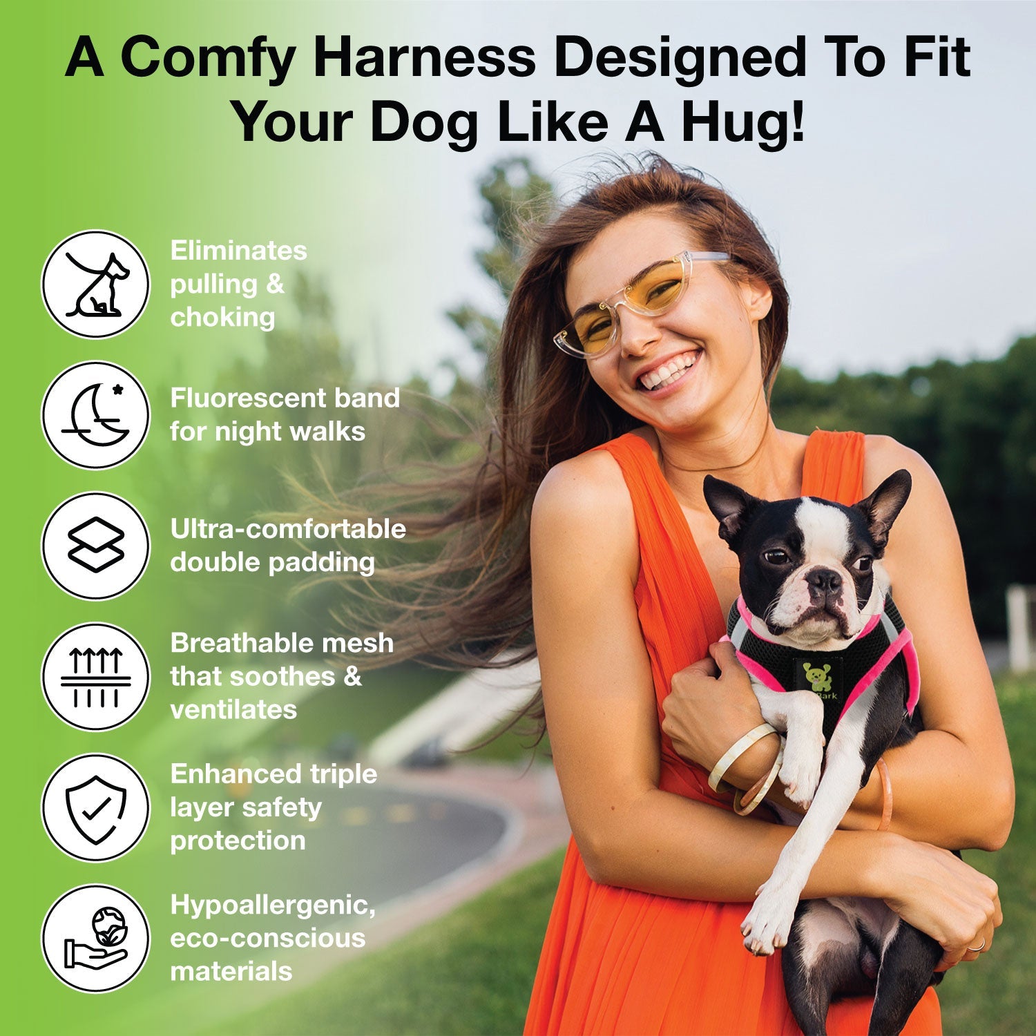 EcoBark Step In Dog Harness - Teacup & Small Breeds- Reflective Soft Mesh Harness for Teacup, Small Dogs and Puppies / Black w/ Pink Piping