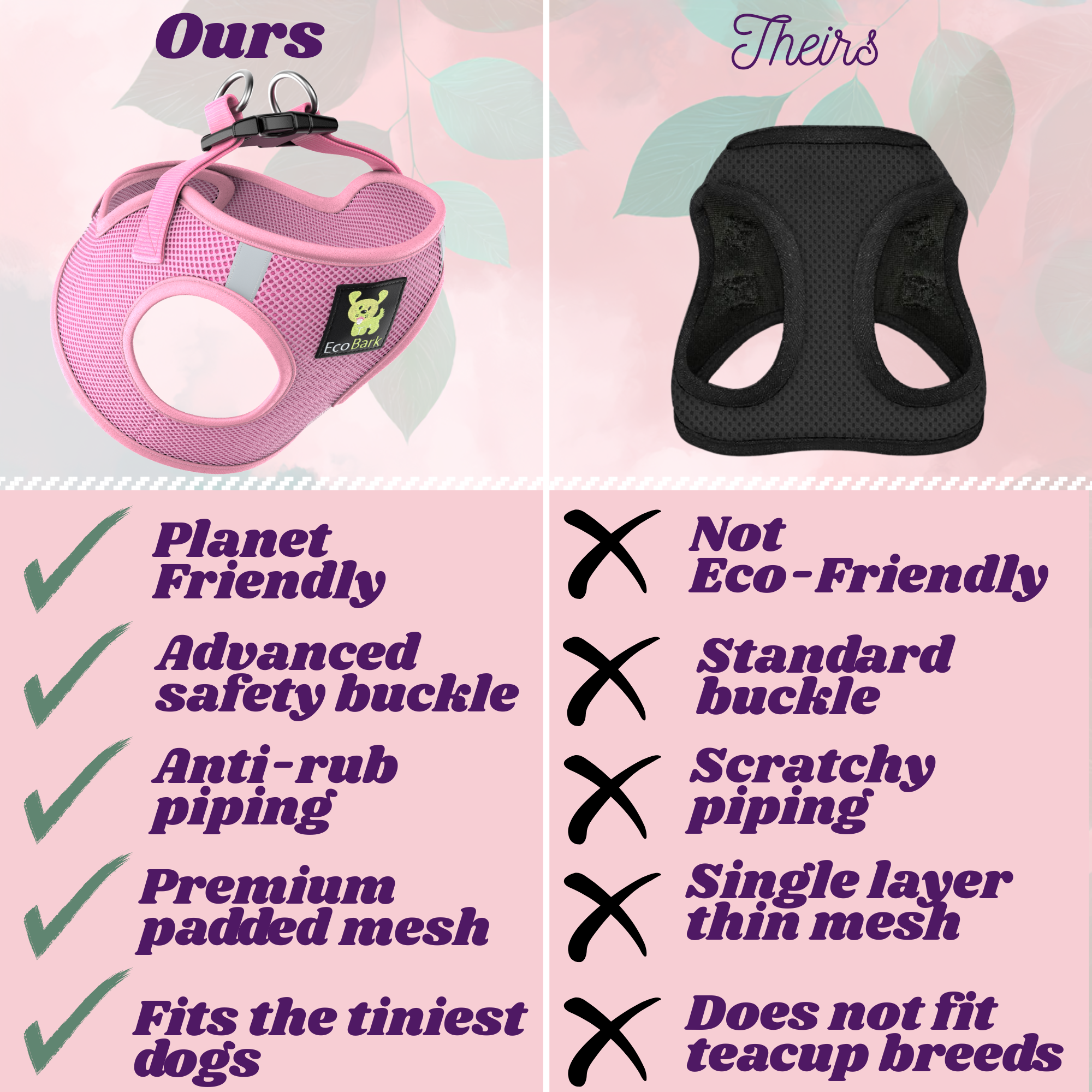 EcoBark Step In Dog Harness - Teacup & Small Breeds- Reflective Soft Mesh Harness for Teacup, Small Dogs and Puppies / Baby Pink