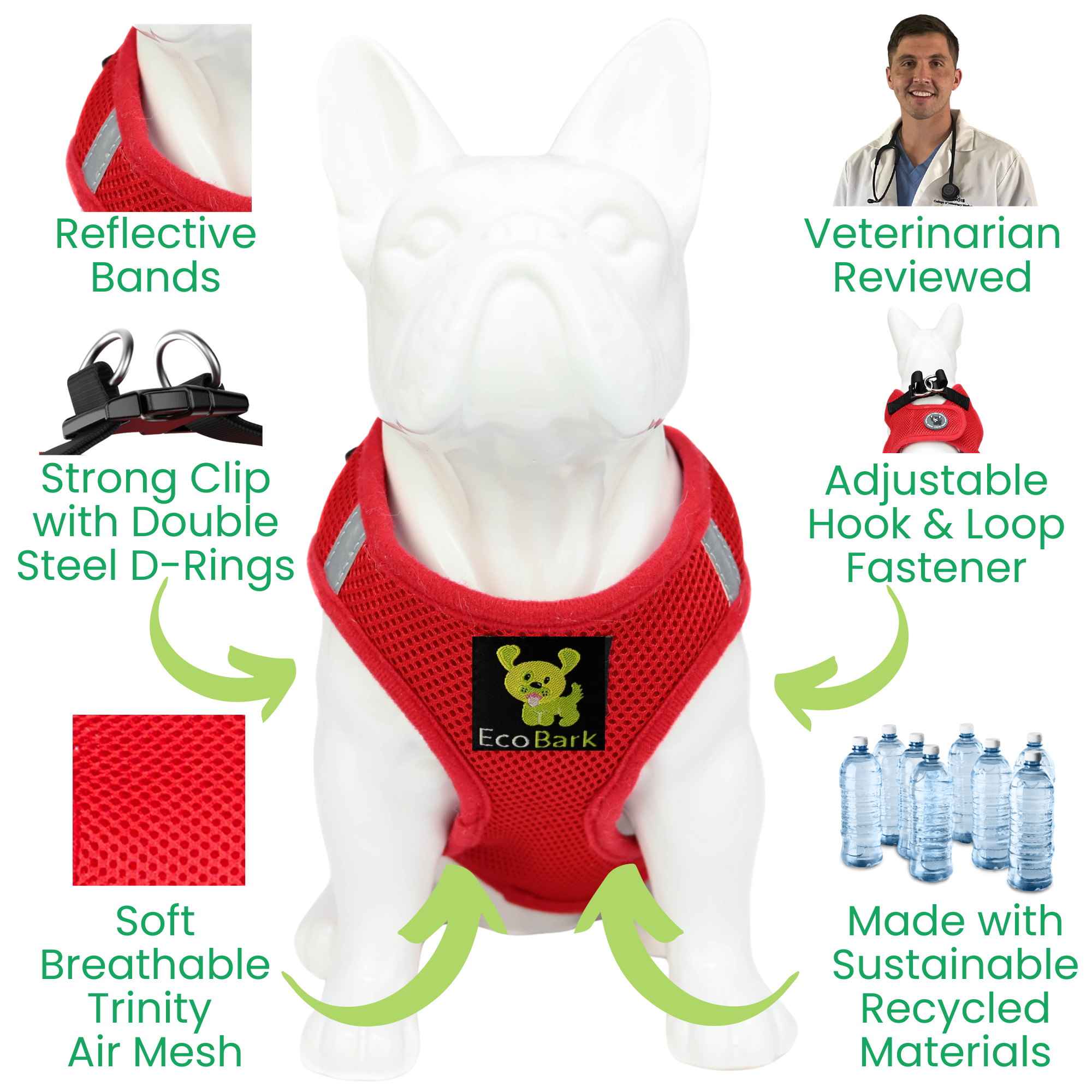 EcoBark Step In Dog Harness - Teacup & Small Breeds- Reflective Soft Mesh Harness for Teacup, Small Dogs and Puppies / Red