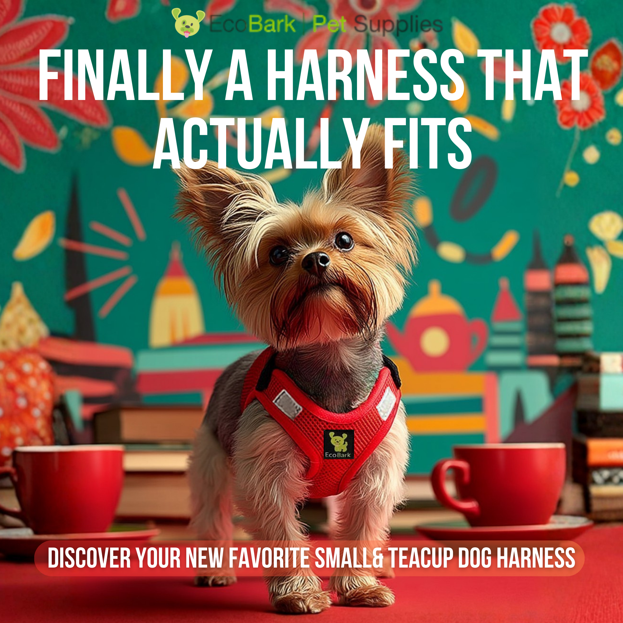 EcoBark Step In Dog Harness - Teacup & Small Breeds- Reflective Soft Mesh Harness for Teacup, Small Dogs and Puppies / Red