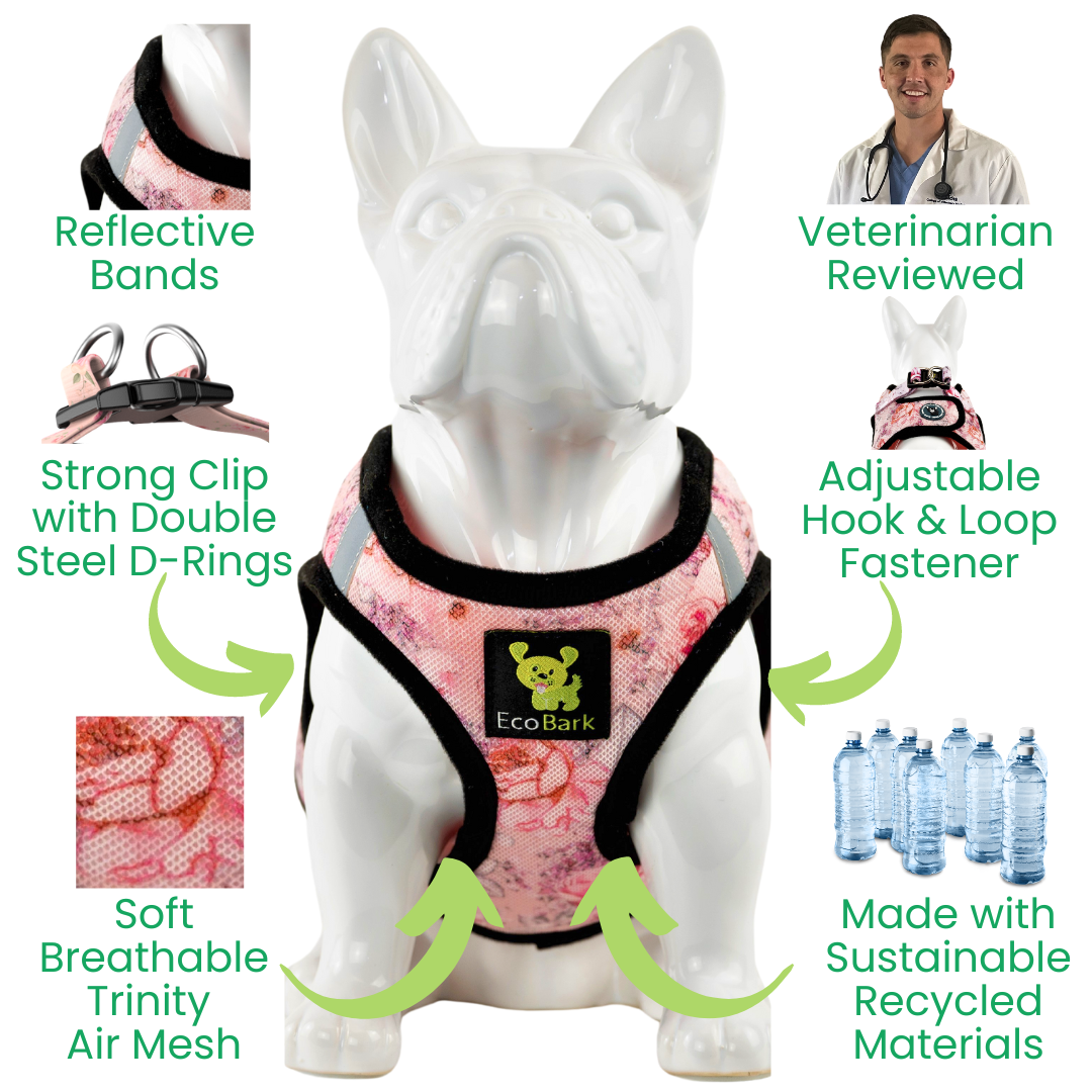 EcoBark Step In Dog Harness - Teacup & Small Breeds- Reflective Soft Mesh Harness for Teacup, Small Dogs and Puppies / French Floral