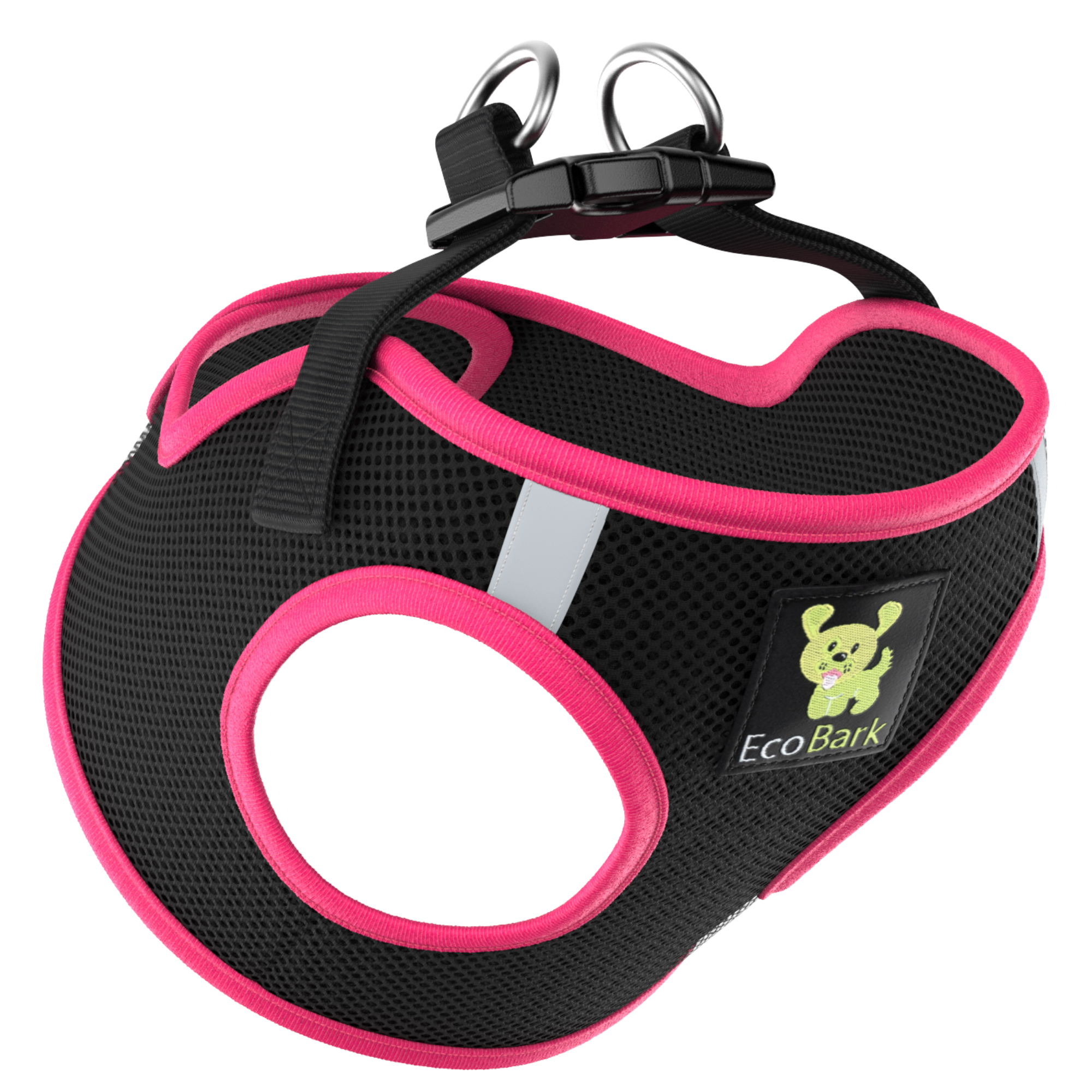 EcoBark Step In Dog Harness - Teacup & Small Breeds- Reflective Soft Mesh Harness for Teacup, Small Dogs and Puppies / Black w/ Pink Piping
