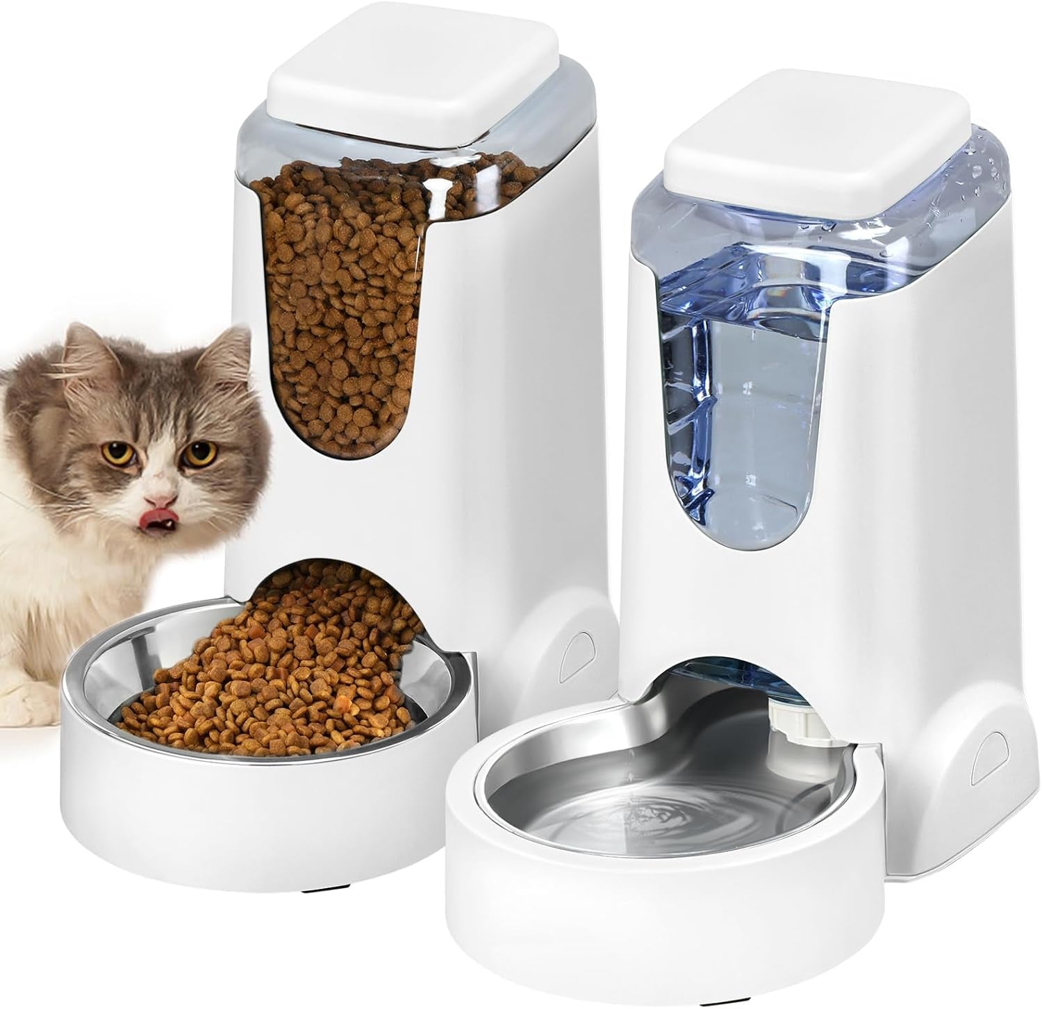 Automatic Cat Feeder & Water Dispenser Set, Steel Bowls, 1 Gallon