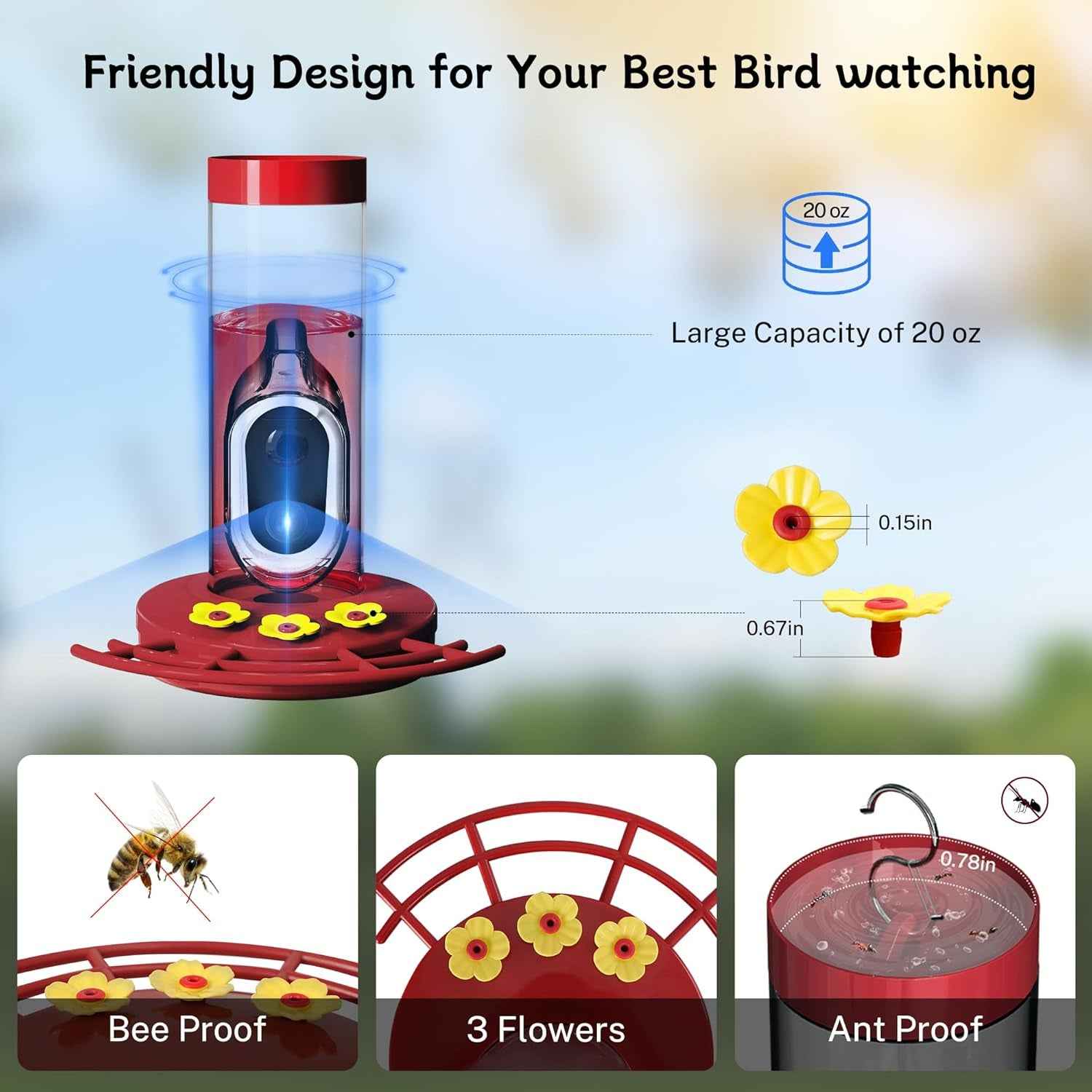Solar WiFi Hummingbird Feeder Camera with AI Bird ID, 20 oz