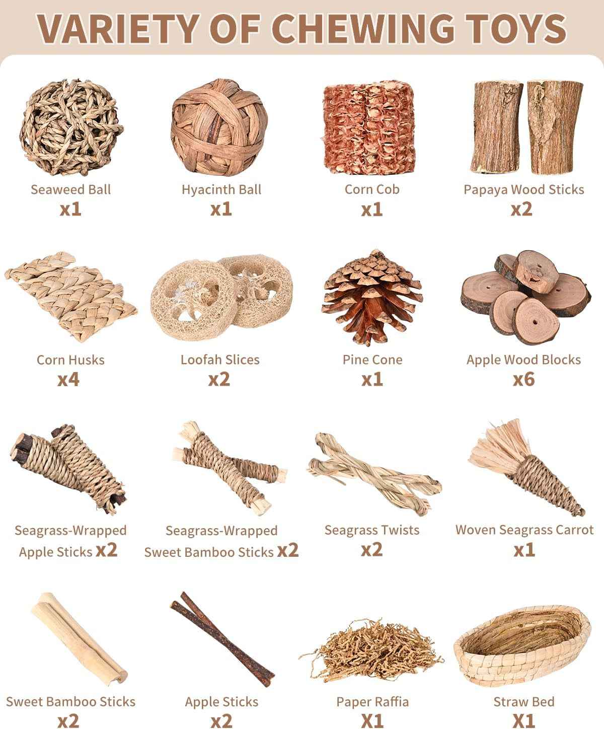 31PCS Natural Rabbit Chew Toys Set for Small Pets Dental Care