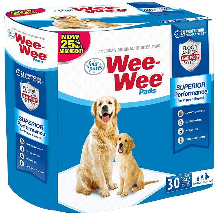 Four Paws Wee-Wee Superior Performance Unscented Pee Pads For Dogs & Puppies, Quilted Leak-Proof Dog Housebreaking Potty Training Floor Protection, 22' X 23', 30 Count